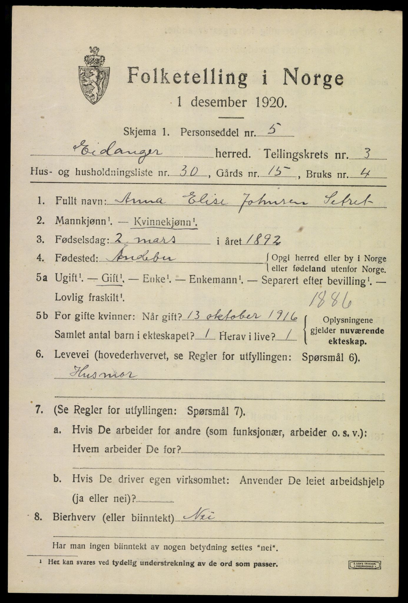 SAKO, 1920 census for Eidanger, 1920, p. 3688