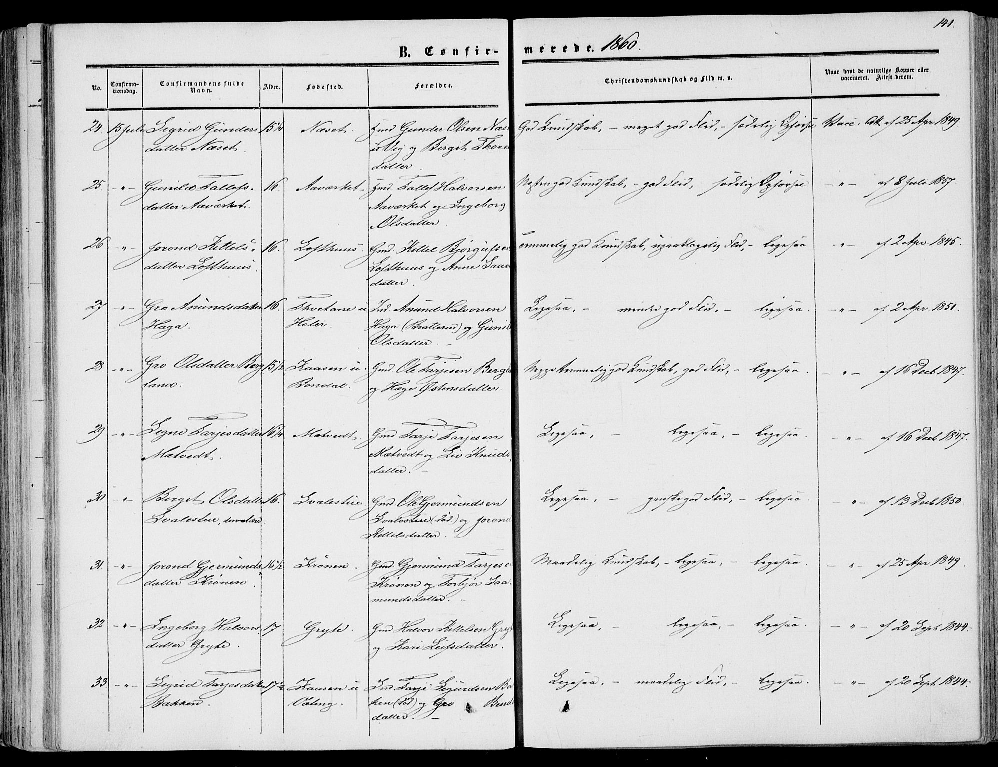 Fyresdal kirkebøker, SAKO/A-263/F/Fa/L0005: Parish register (official) no. I 5, 1855-1871, p. 141