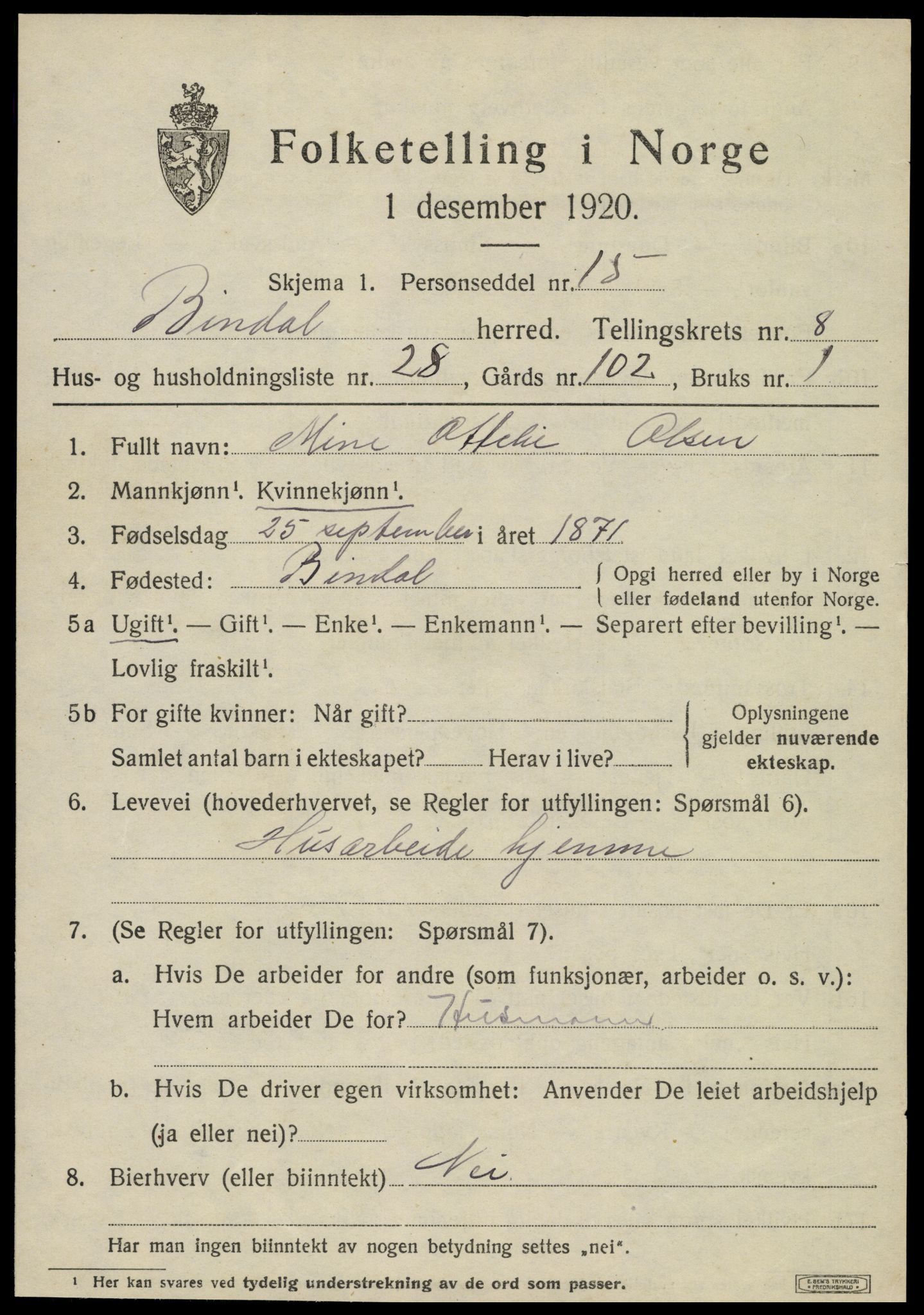 SAT, 1920 census for Bindal, 1920, p. 6349