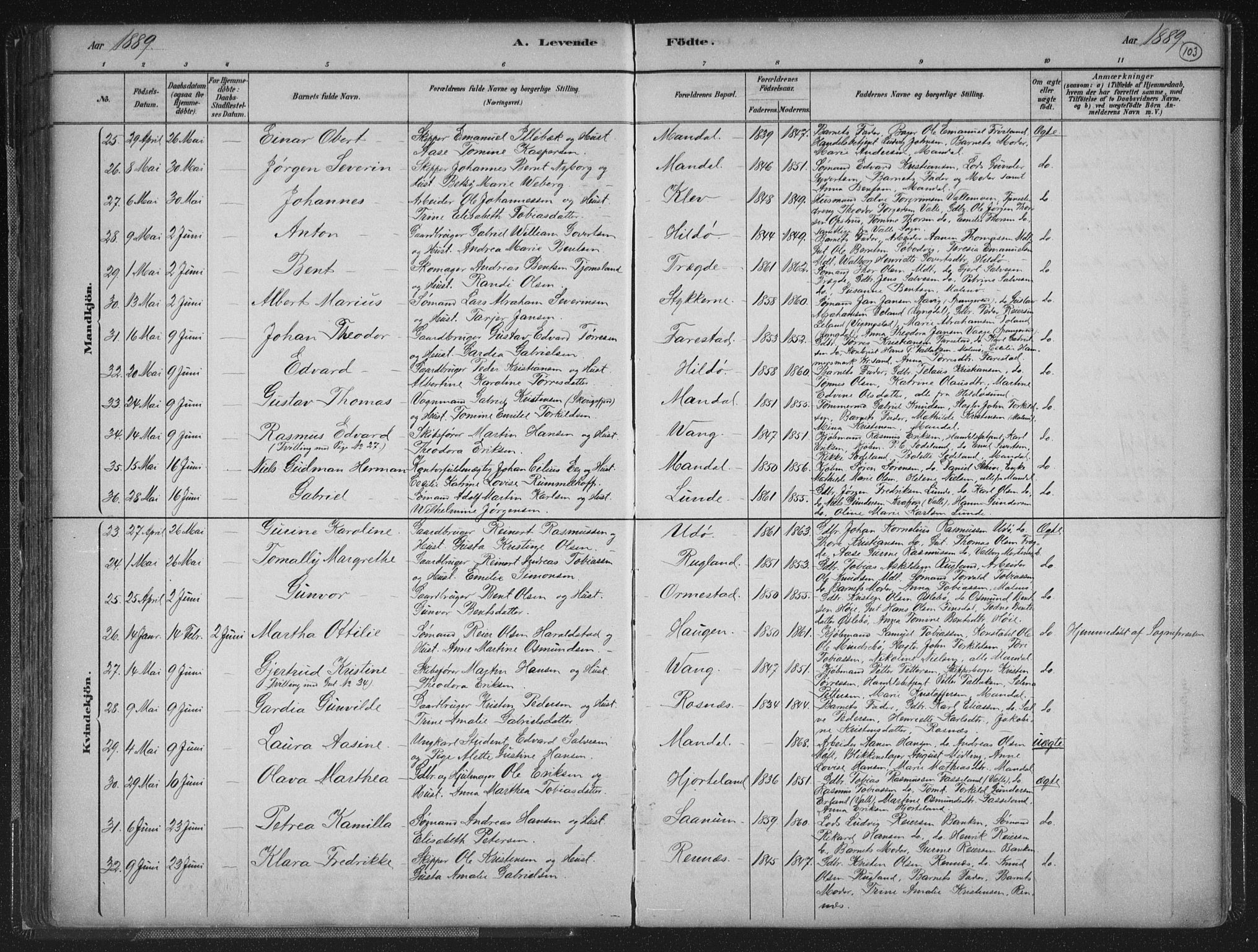 Mandal sokneprestkontor, AV/SAK-1111-0030/F/Fb/Fba/L0011: Parish register (copy) no. B 5, 1880-1898, p. 103