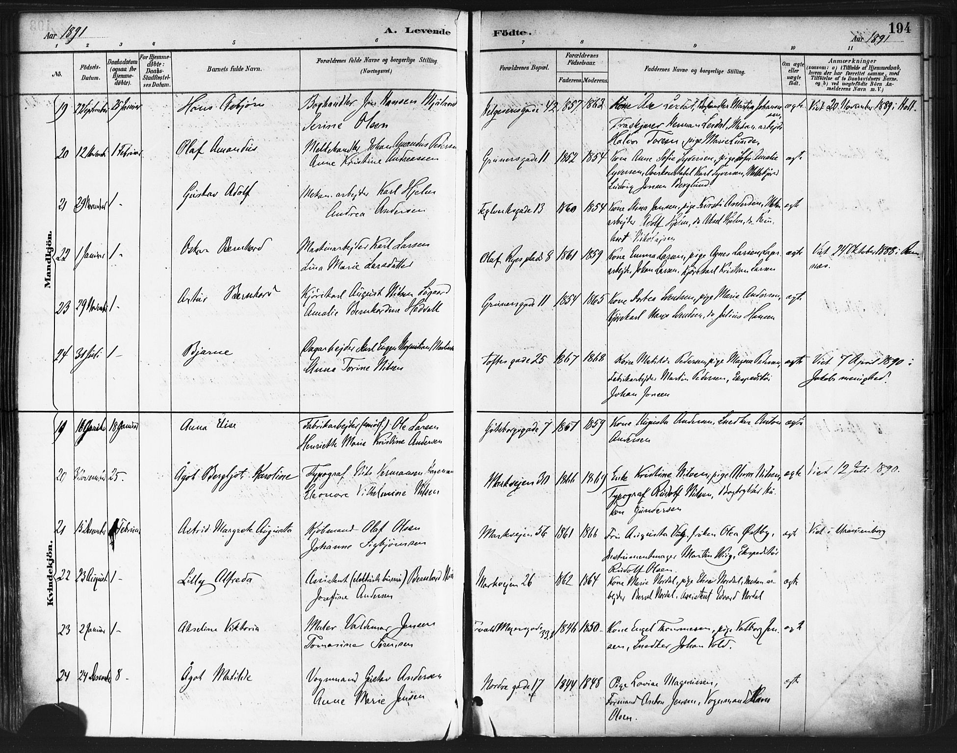 Paulus prestekontor Kirkebøker, AV/SAO-A-10871/F/Fa/L0013: Parish register (official) no. 13, 1887-1894, p. 194