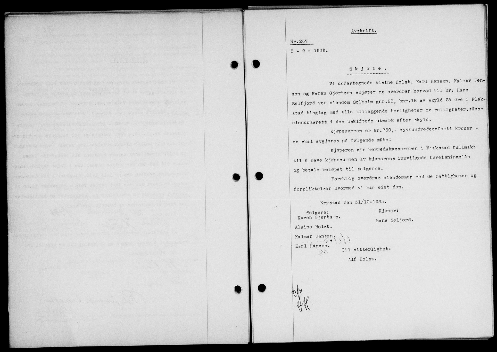 Lofoten sorenskriveri, SAT/A-0017/1/2/2C/L0033b: Mortgage book no. 33b, 1936-1936, Diary no: : 267/1936