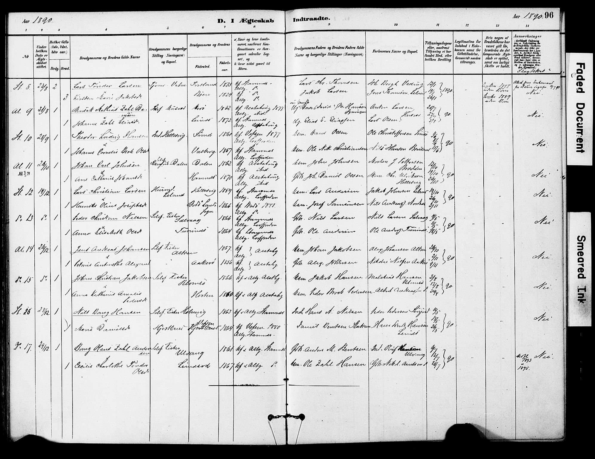 Ministerialprotokoller, klokkerbøker og fødselsregistre - Nordland, AV/SAT-A-1459/830/L0450: Parish register (official) no. 830A14, 1879-1896, p. 96