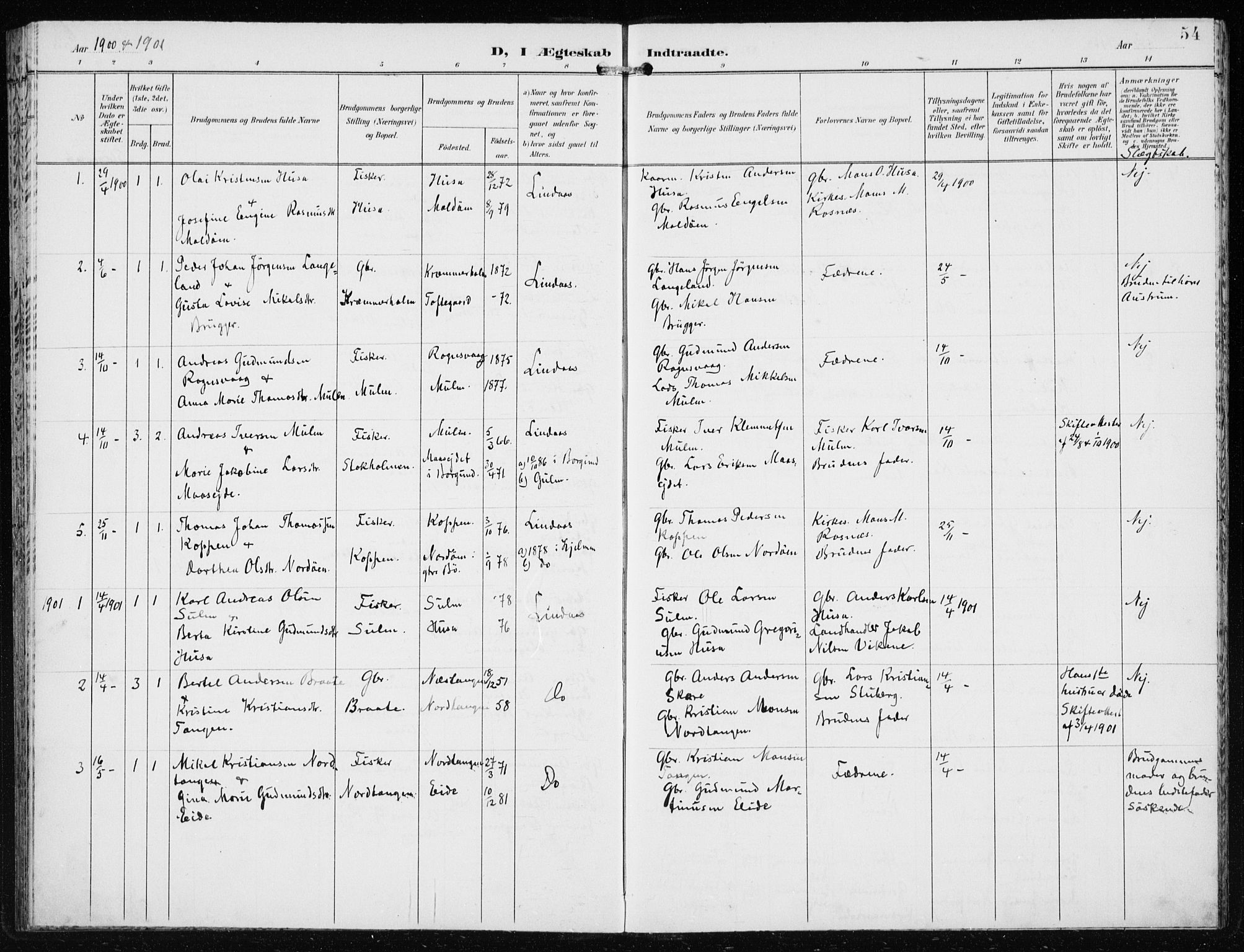 Lindås Sokneprestembete, AV/SAB-A-76701/H/Haa/Haad/L0002: Parish register (official) no. D  2, 1897-1912, p. 54