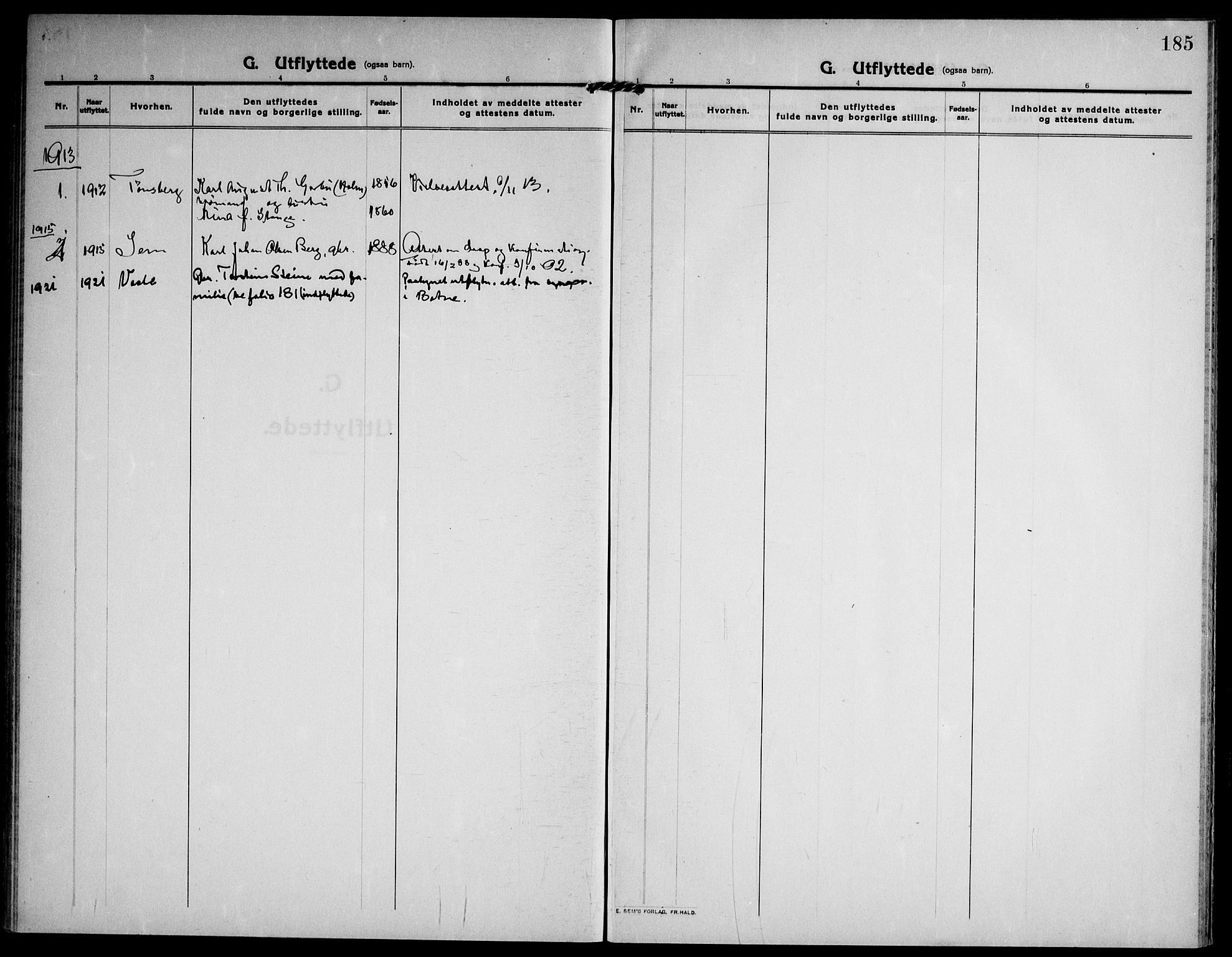 Ramnes kirkebøker, SAKO/A-314/F/Fa/L0009: Parish register (official) no. I 9, 1912-1929, p. 185