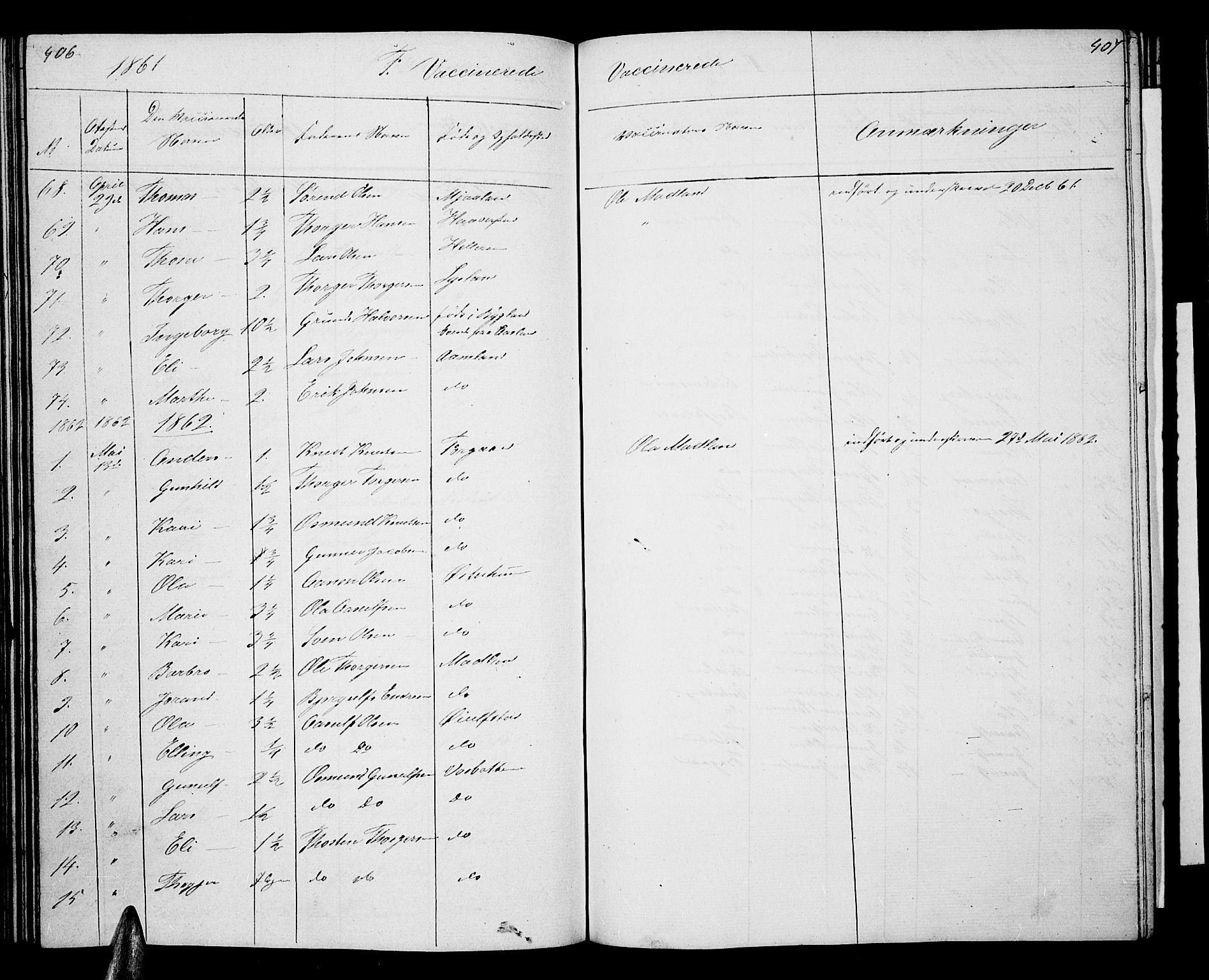 Åseral sokneprestkontor, SAK/1111-0051/F/Fb/L0001: Parish register (copy) no. B 1, 1856-1877, p. 406-407