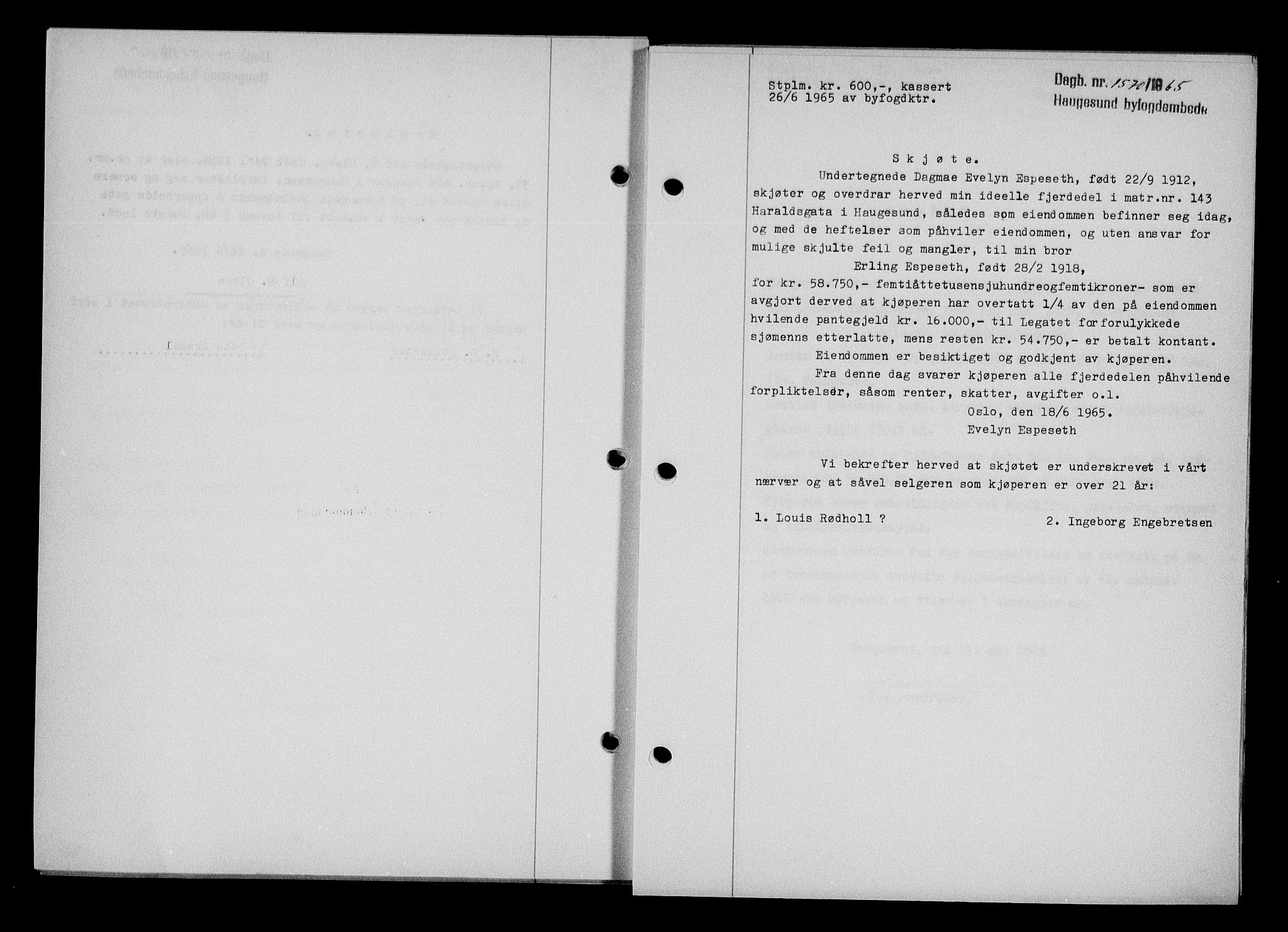 Haugesund tingrett, AV/SAST-A-101415/01/II/IIC/L0076: Mortgage book no. A 17, 1965-1966, Diary no: : 1570/1965