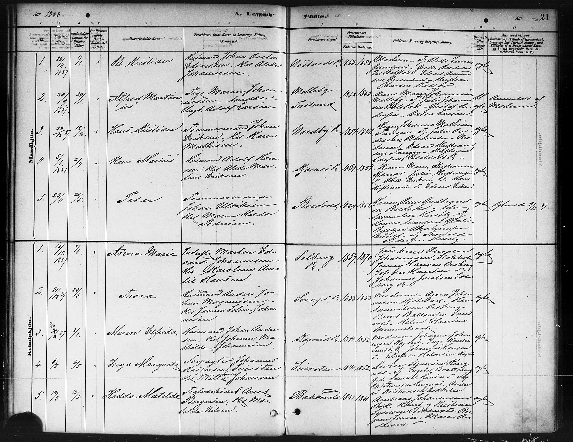 Ås prestekontor Kirkebøker, SAO/A-10894/F/Fb/L0001: Parish register (official) no. II 1, 1881-1895, p. 21