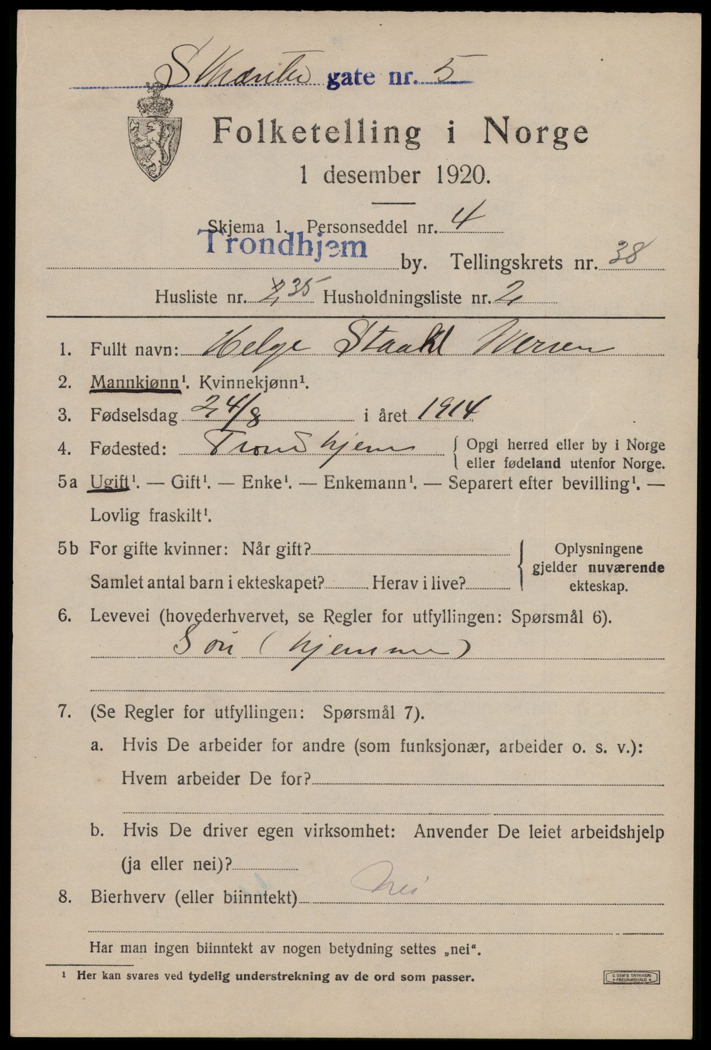 SAT, 1920 census for Trondheim, 1920, p. 87252