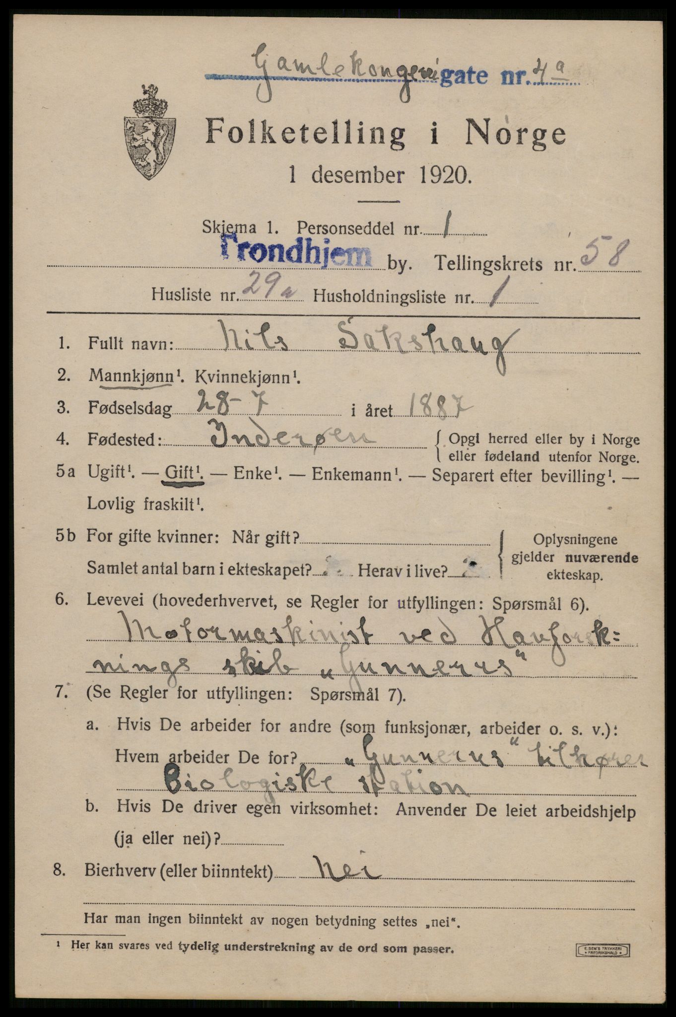 SAT, 1920 census for Trondheim, 1920, p. 118284