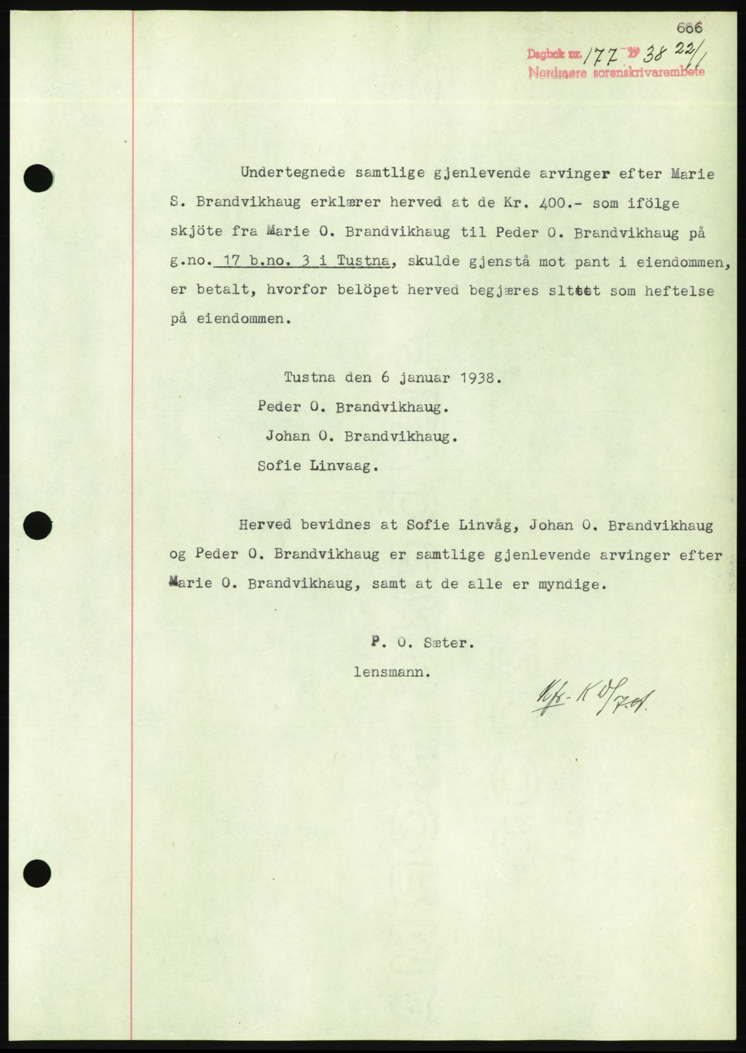 Nordmøre sorenskriveri, AV/SAT-A-4132/1/2/2Ca/L0092: Mortgage book no. B82, 1937-1938, Diary no: : 177/1938