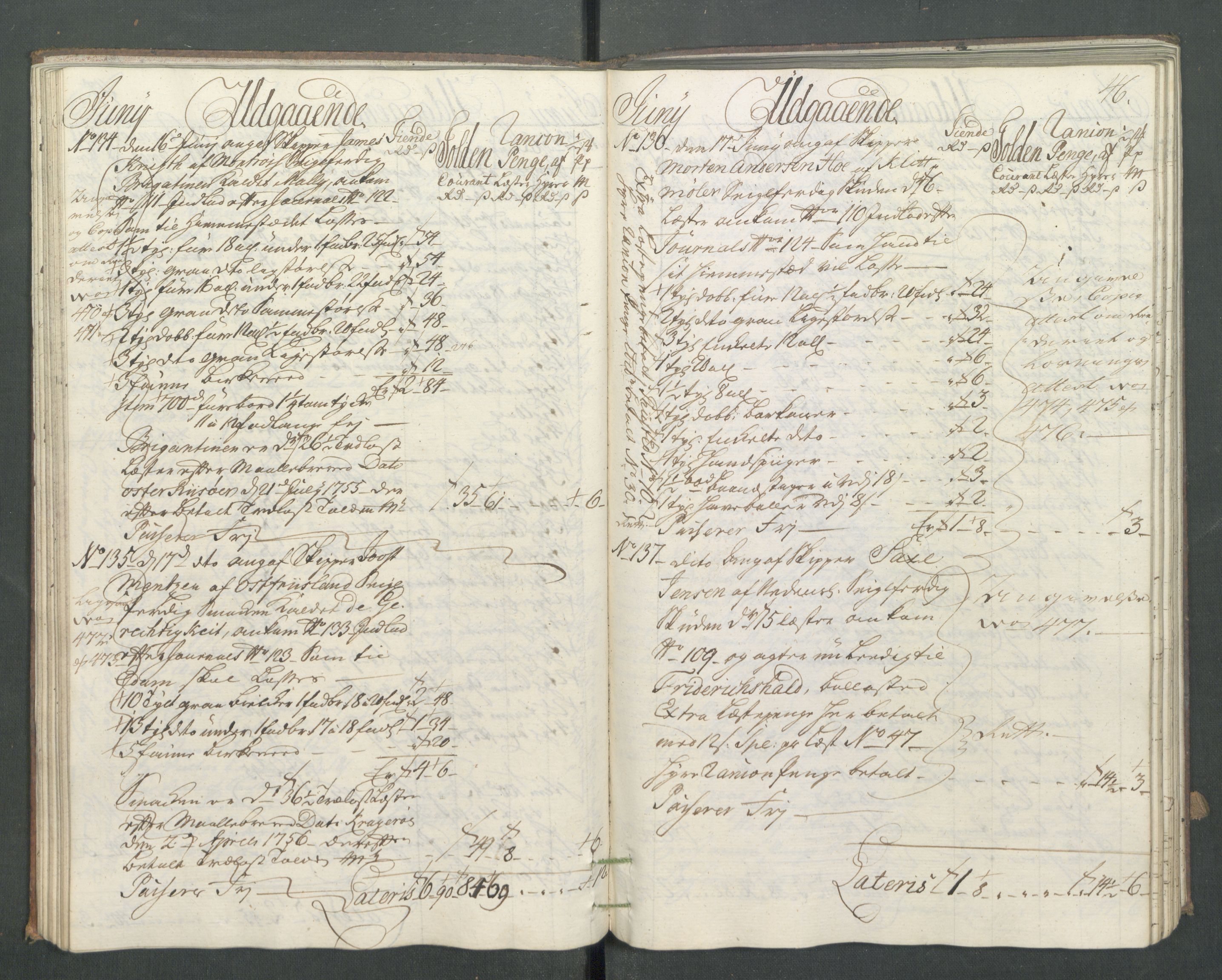 Generaltollkammeret, tollregnskaper, AV/RA-EA-5490/R14/L0025/0001: Tollregnskaper Øster-Risør / Utgående hovedtollbok, 1756, p. 45b-46a