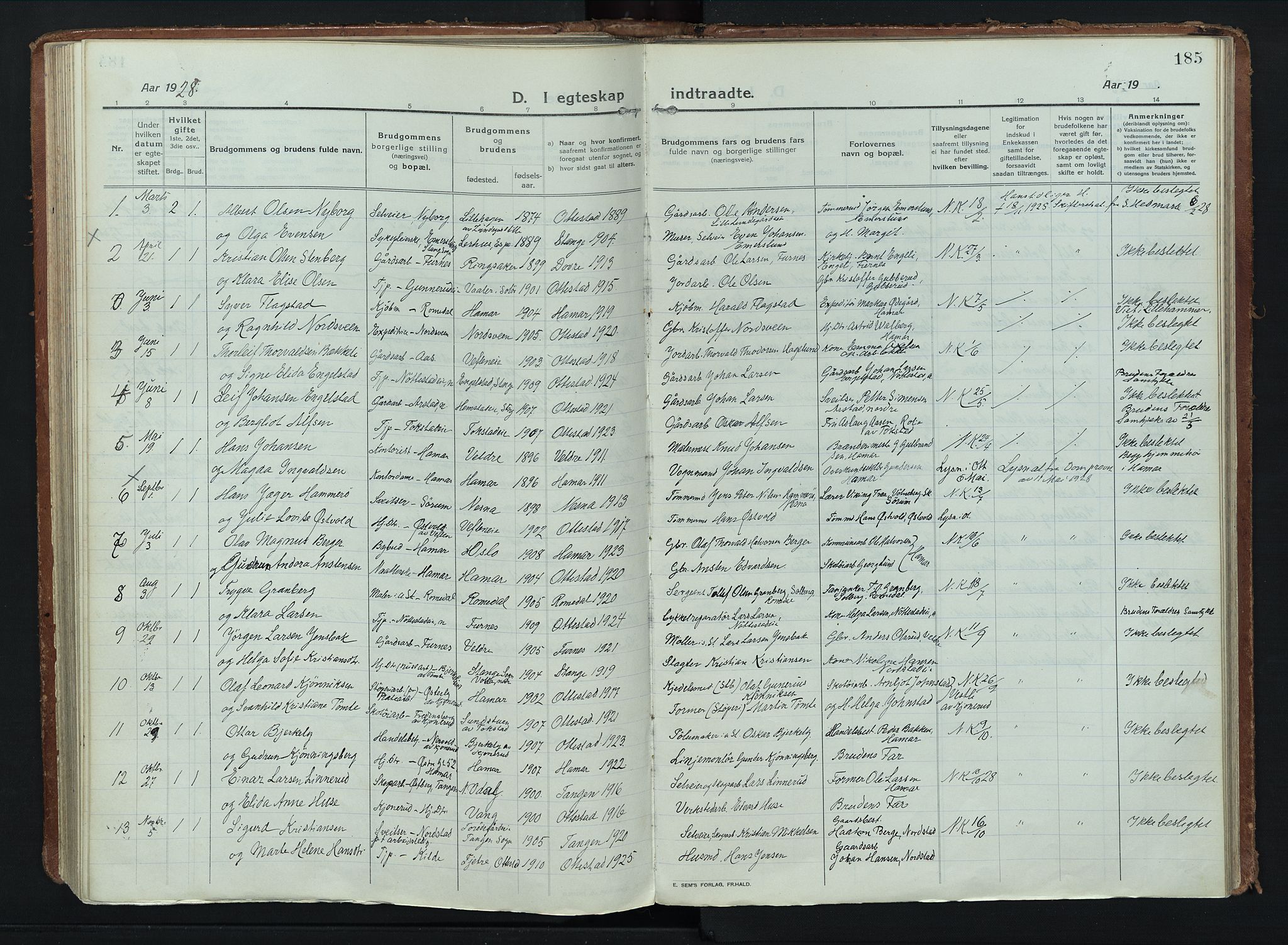 Stange prestekontor, SAH/PREST-002/K/L0028: Parish register (official) no. 28, 1913-1932, p. 185
