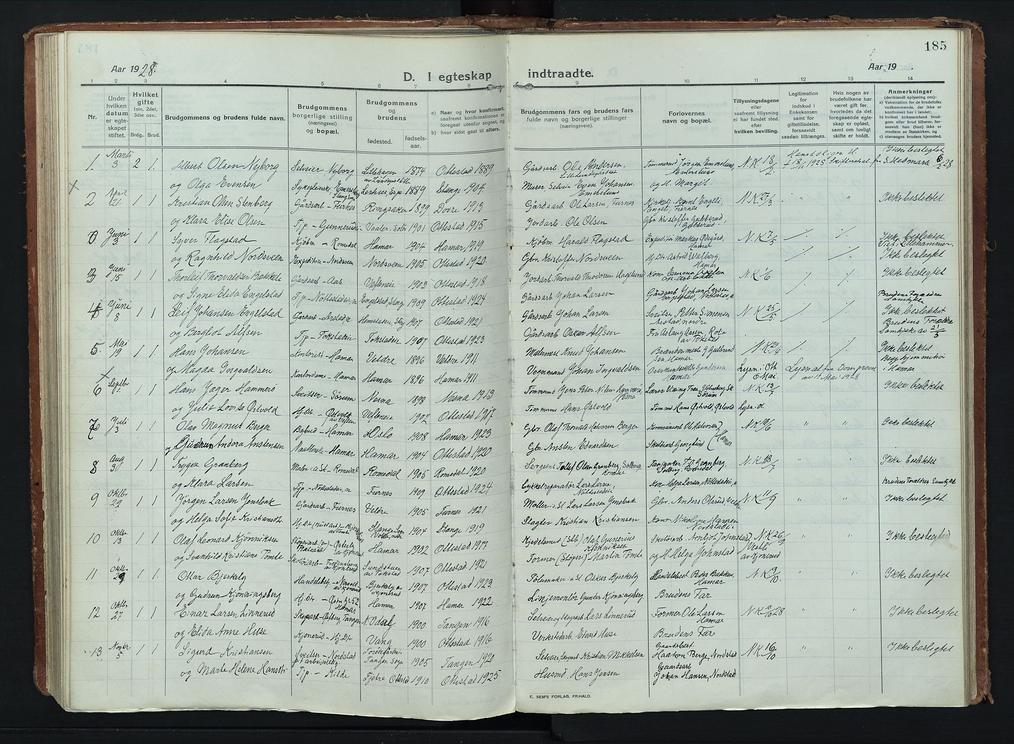 Stange prestekontor, AV/SAH-PREST-002/K/L0028: Parish register (official) no. 28, 1913-1932, p. 185