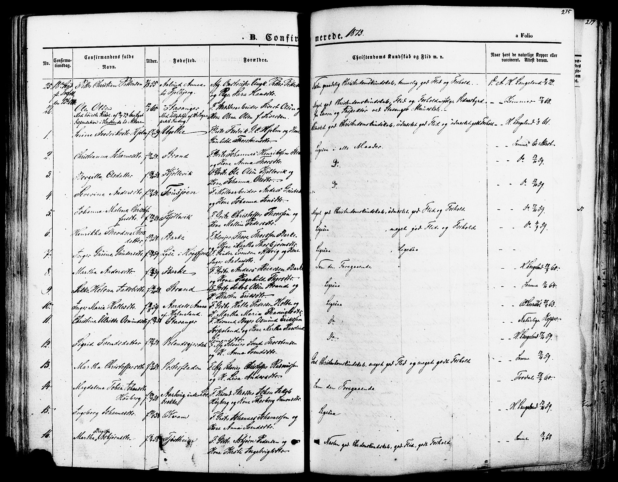 Strand sokneprestkontor, AV/SAST-A-101828/H/Ha/Haa/L0007: Parish register (official) no. A 7, 1855-1881, p. 215