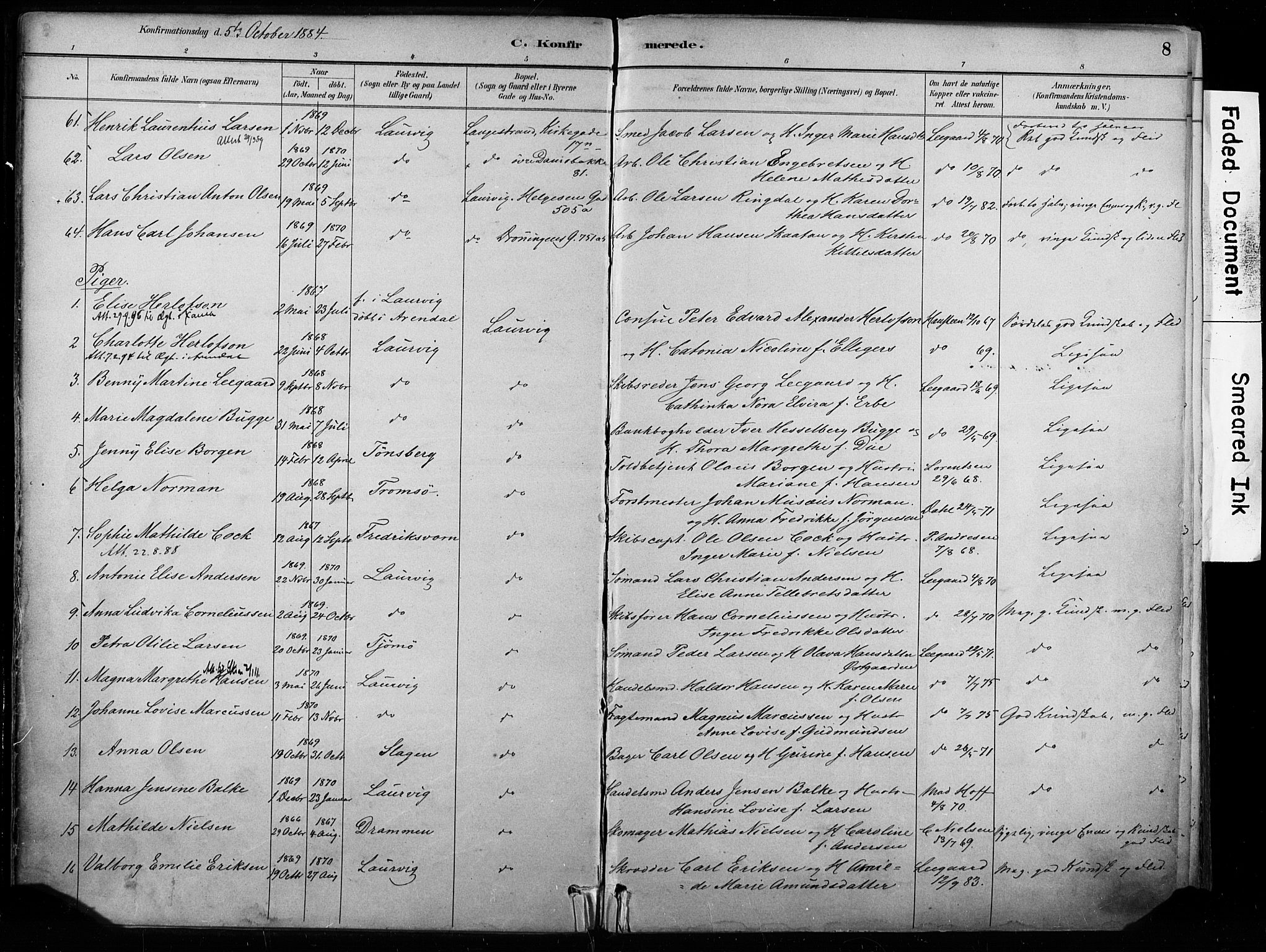 Larvik kirkebøker, AV/SAKO-A-352/F/Fa/L0008: Parish register (official) no. I 8, 1884-1902, p. 8