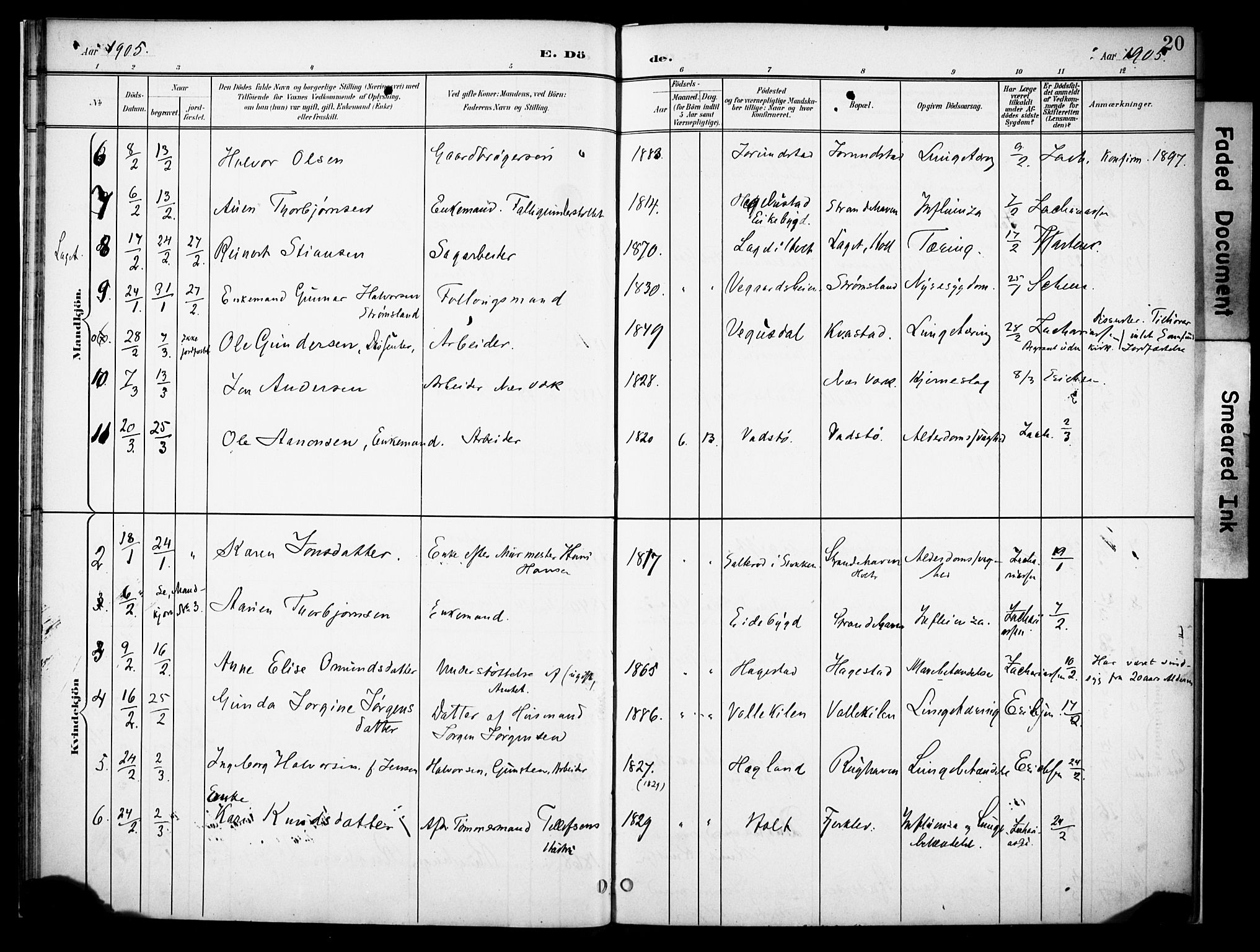 Holt sokneprestkontor, AV/SAK-1111-0021/F/Fa/L0013: Parish register (official) no. A 13, 1900-1912, p. 20