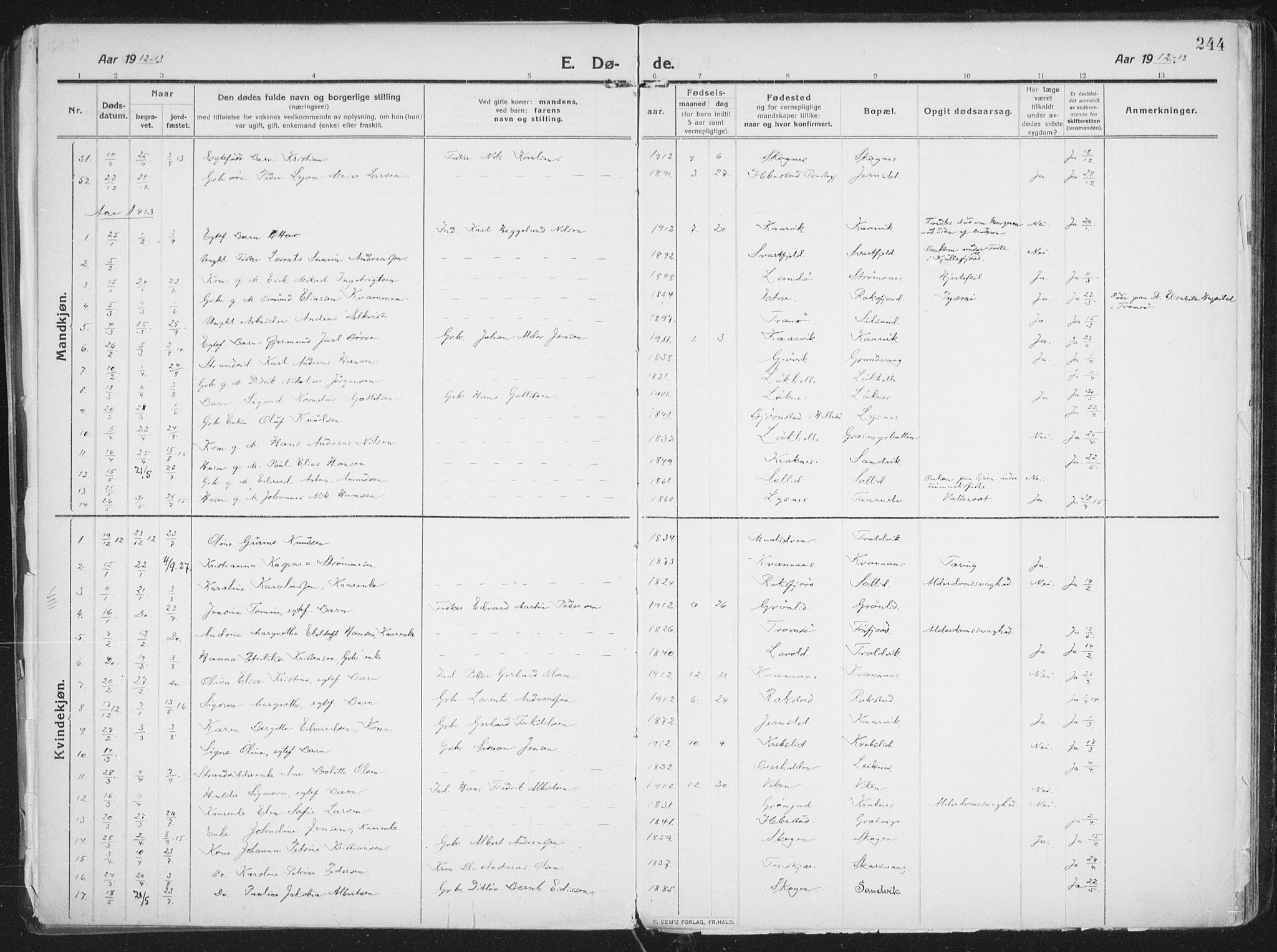 Lenvik sokneprestembete, SATØ/S-1310/H/Ha/Haa/L0016kirke: Parish register (official) no. 16, 1910-1924, p. 244