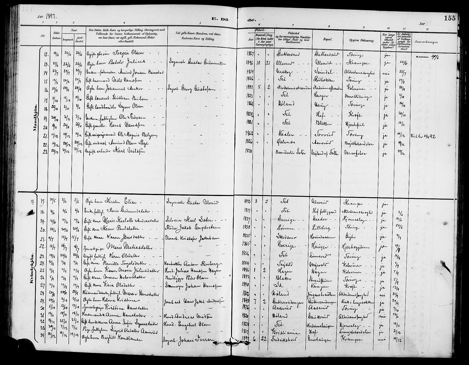 Fet prestekontor Kirkebøker, AV/SAO-A-10370a/G/Ga/L0007: Parish register (copy) no. I 7, 1892-1906, p. 155