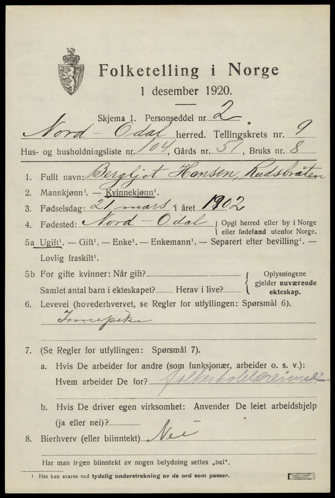 SAH, 1920 census for Nord-Odal, 1920, p. 10863