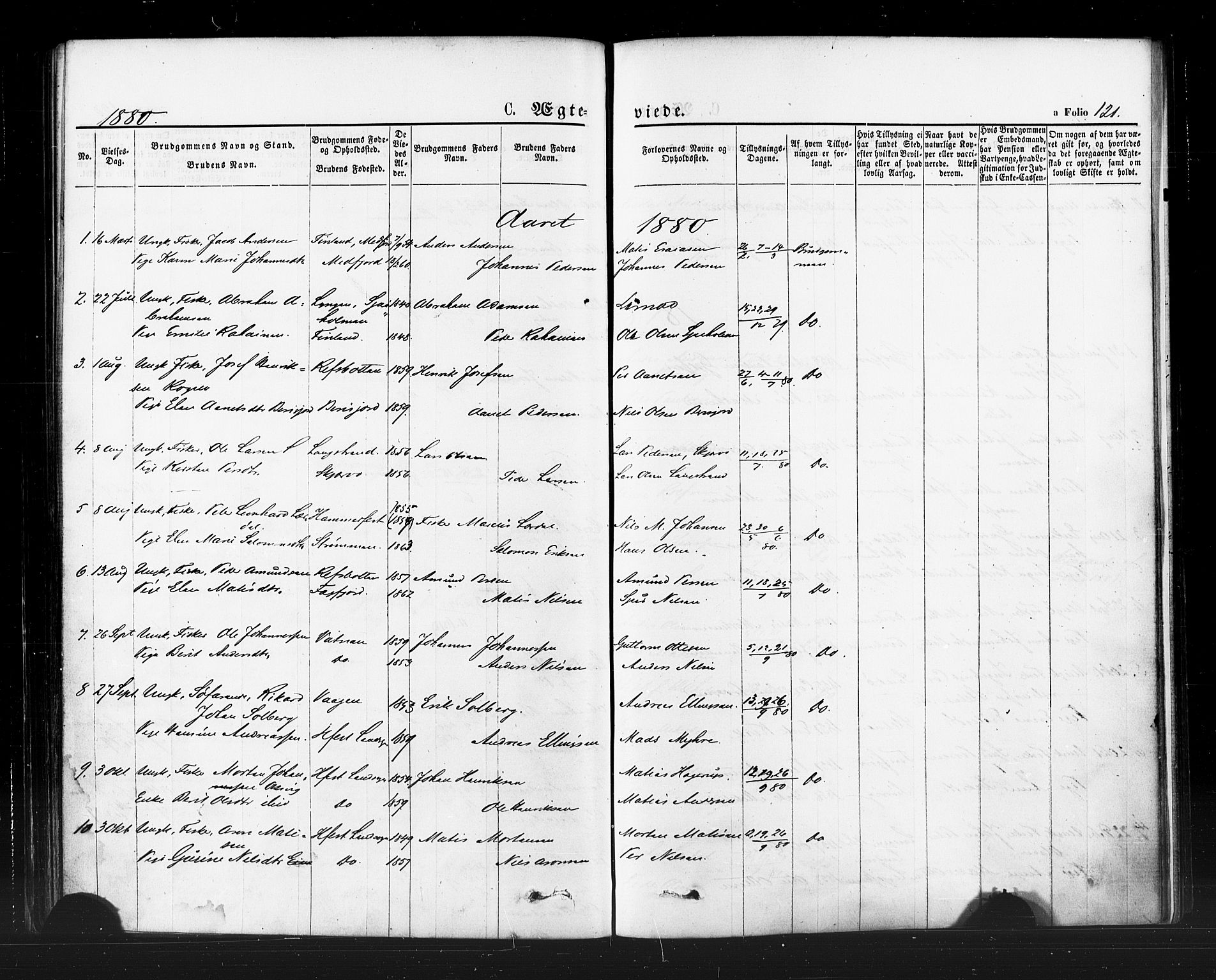 Hammerfest sokneprestkontor, AV/SATØ-S-1347/H/Ha/L0007.kirke: Parish register (official) no. 7, 1869-1884, p. 121