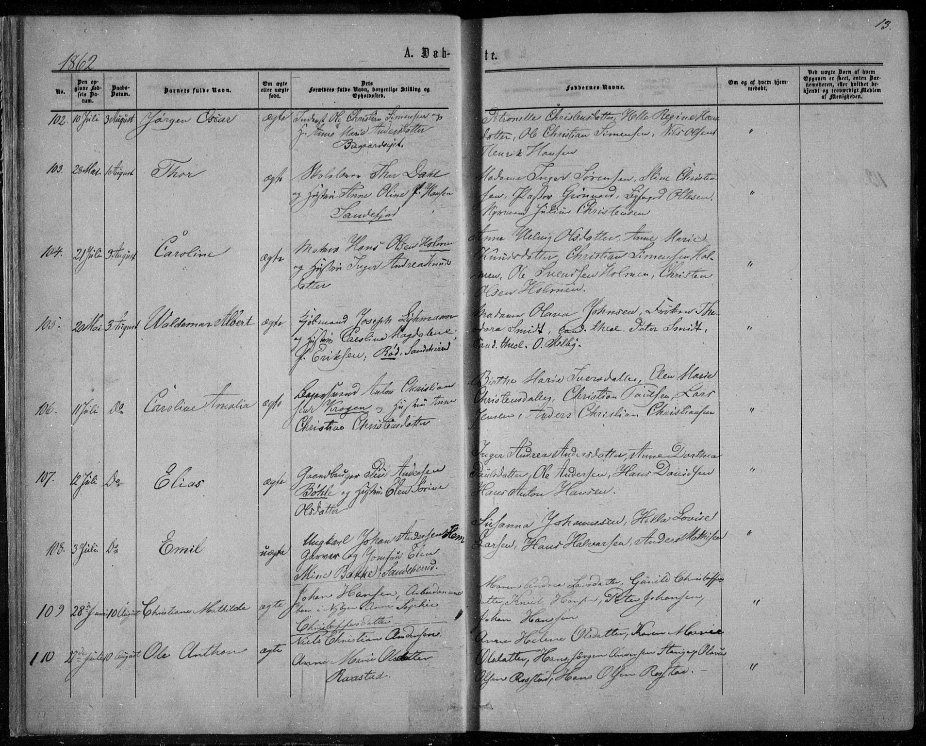 Sandar kirkebøker, SAKO/A-243/F/Fa/L0008: Parish register (official) no. 8, 1862-1871, p. 13