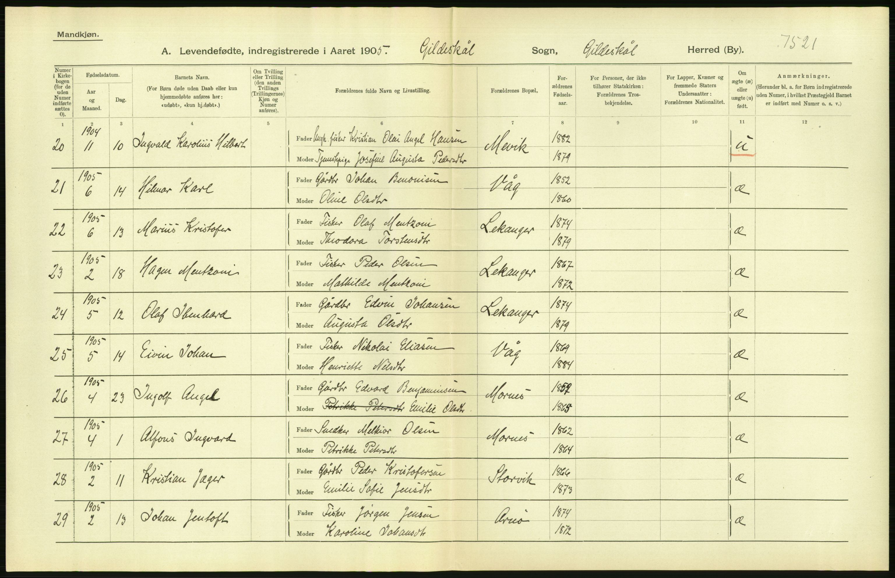 Statistisk sentralbyrå, Sosiodemografiske emner, Befolkning, AV/RA-S-2228/D/Df/Dfa/Dfac/L0037: Nordlands amt: Levendefødte menn og kvinner. Bygder, 1905, p. 6