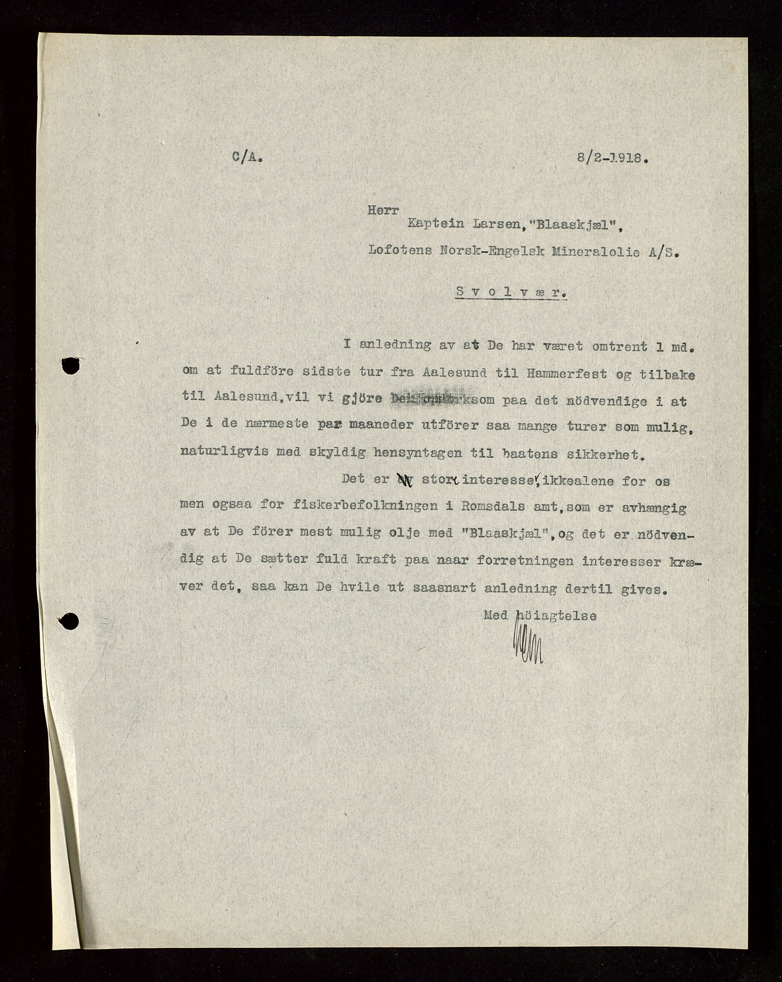 Pa 1521 - A/S Norske Shell, AV/SAST-A-101915/E/Ea/Eaa/L0003: Sjefskorrespondanse, 1918, p. 144