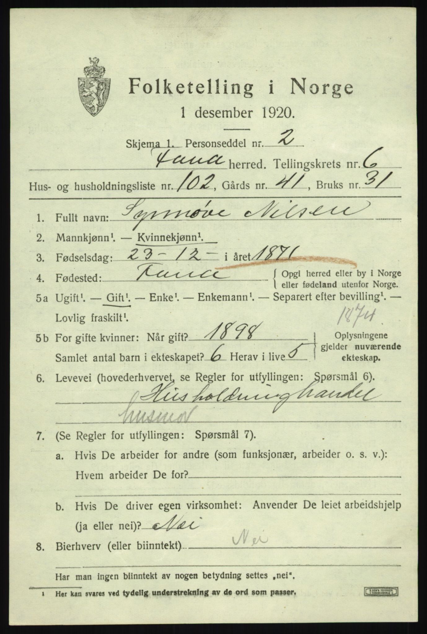 SAB, 1920 census for Fana, 1920, p. 12033