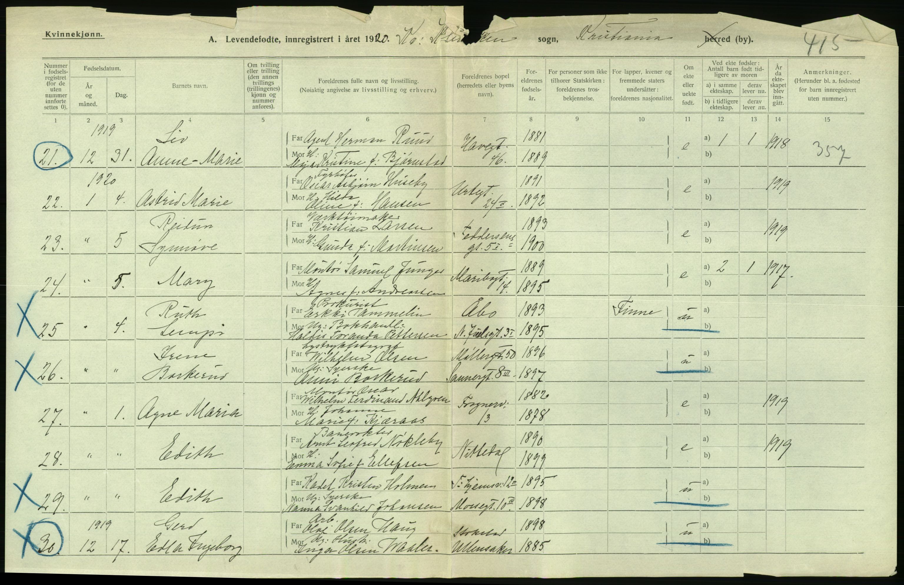 Statistisk sentralbyrå, Sosiodemografiske emner, Befolkning, AV/RA-S-2228/D/Df/Dfb/Dfbj/L0008: Kristiania: Levendefødte menn og kvinner., 1920, p. 530