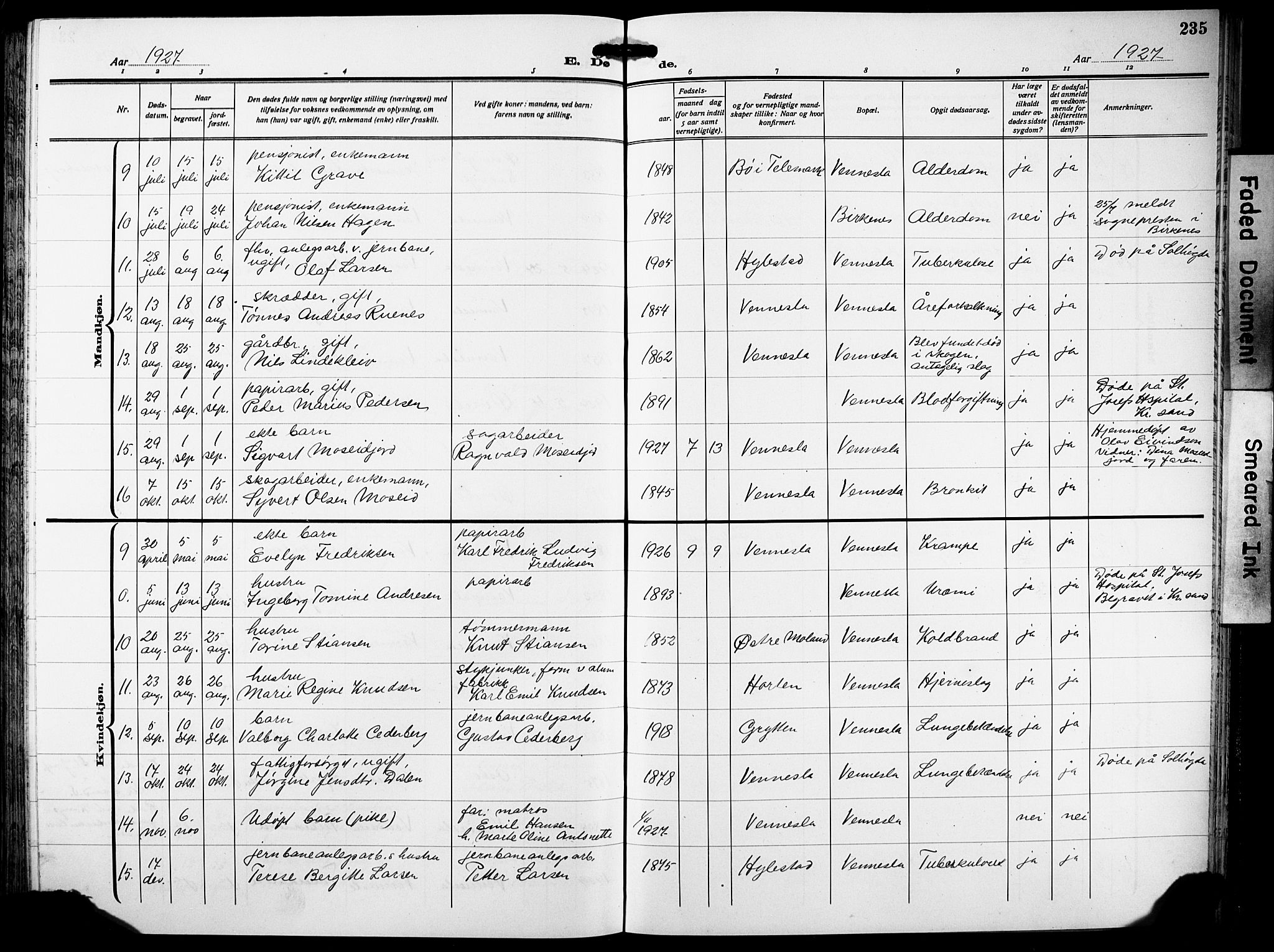 Vennesla sokneprestkontor, AV/SAK-1111-0045/Fb/Fbb/L0007: Parish register (copy) no. B 7, 1922-1933, p. 235