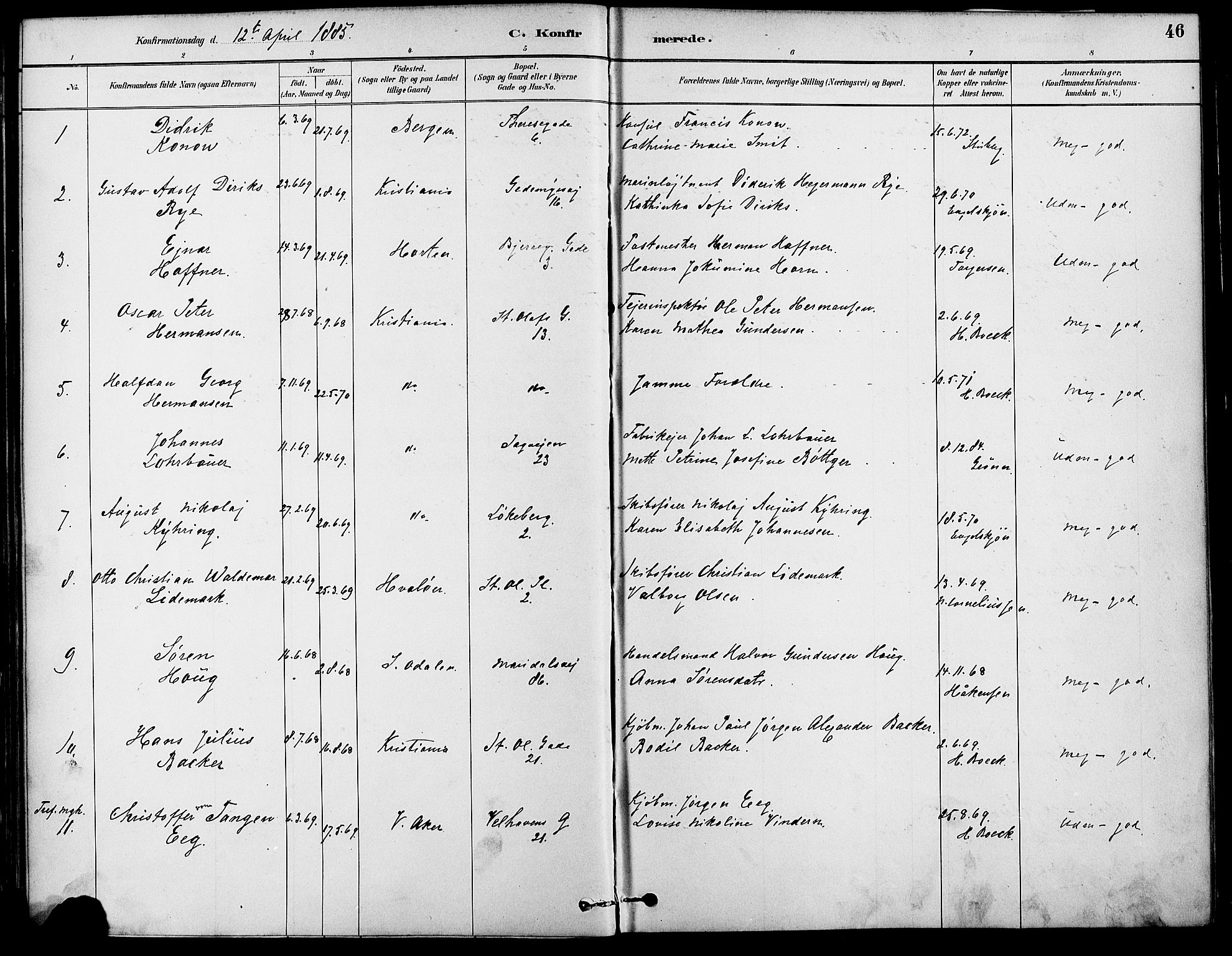 Gamle Aker prestekontor Kirkebøker, SAO/A-10617a/F/L0007: Parish register (official) no. 7, 1882-1890, p. 46