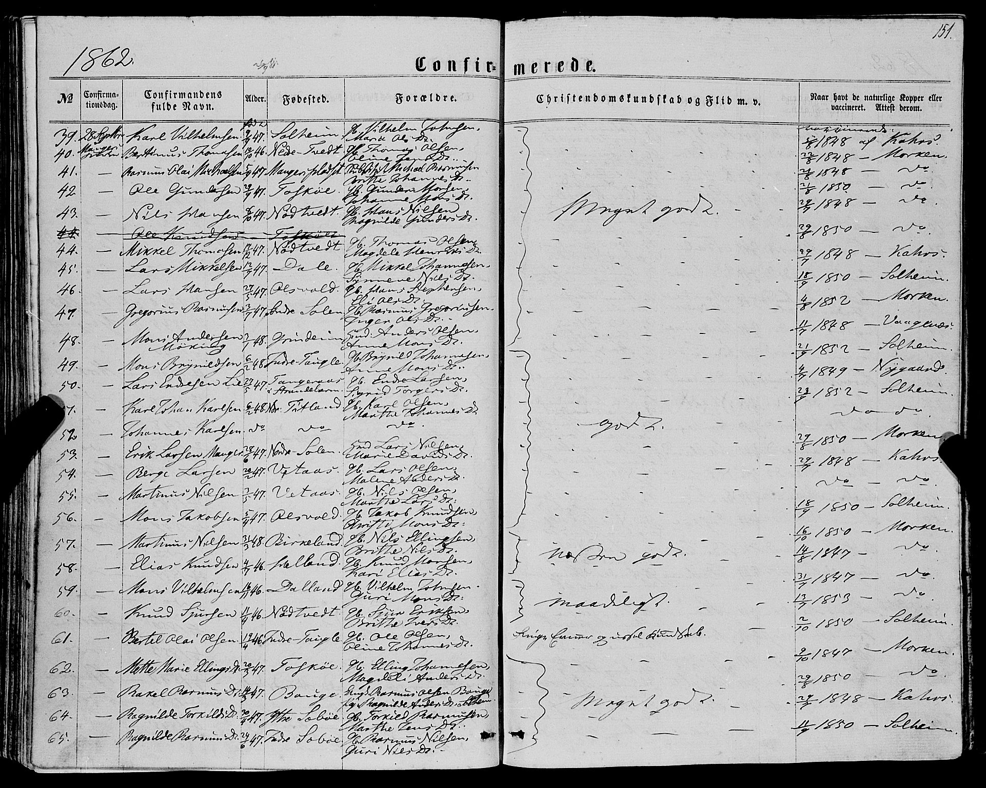 Manger sokneprestembete, AV/SAB-A-76801/H/Haa: Parish register (official) no. A 7, 1860-1870, p. 151