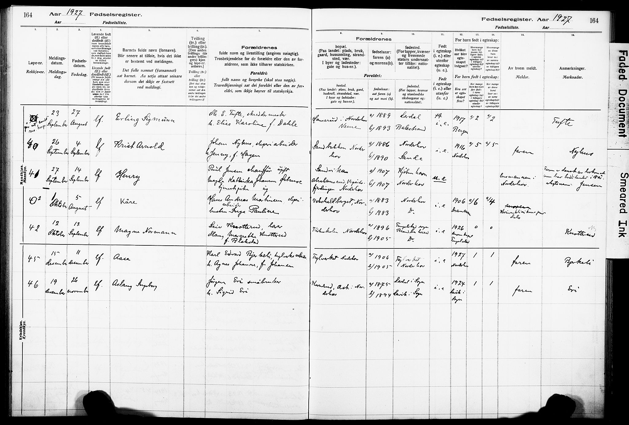 Norderhov kirkebøker, AV/SAKO-A-237/J/Ja/L0001: Birth register no. 1, 1916-1930, p. 164