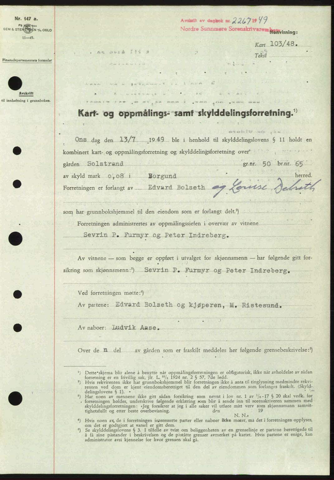 Nordre Sunnmøre sorenskriveri, AV/SAT-A-0006/1/2/2C/2Ca: Mortgage book no. A32, 1949-1949, Diary no: : 2267/1949