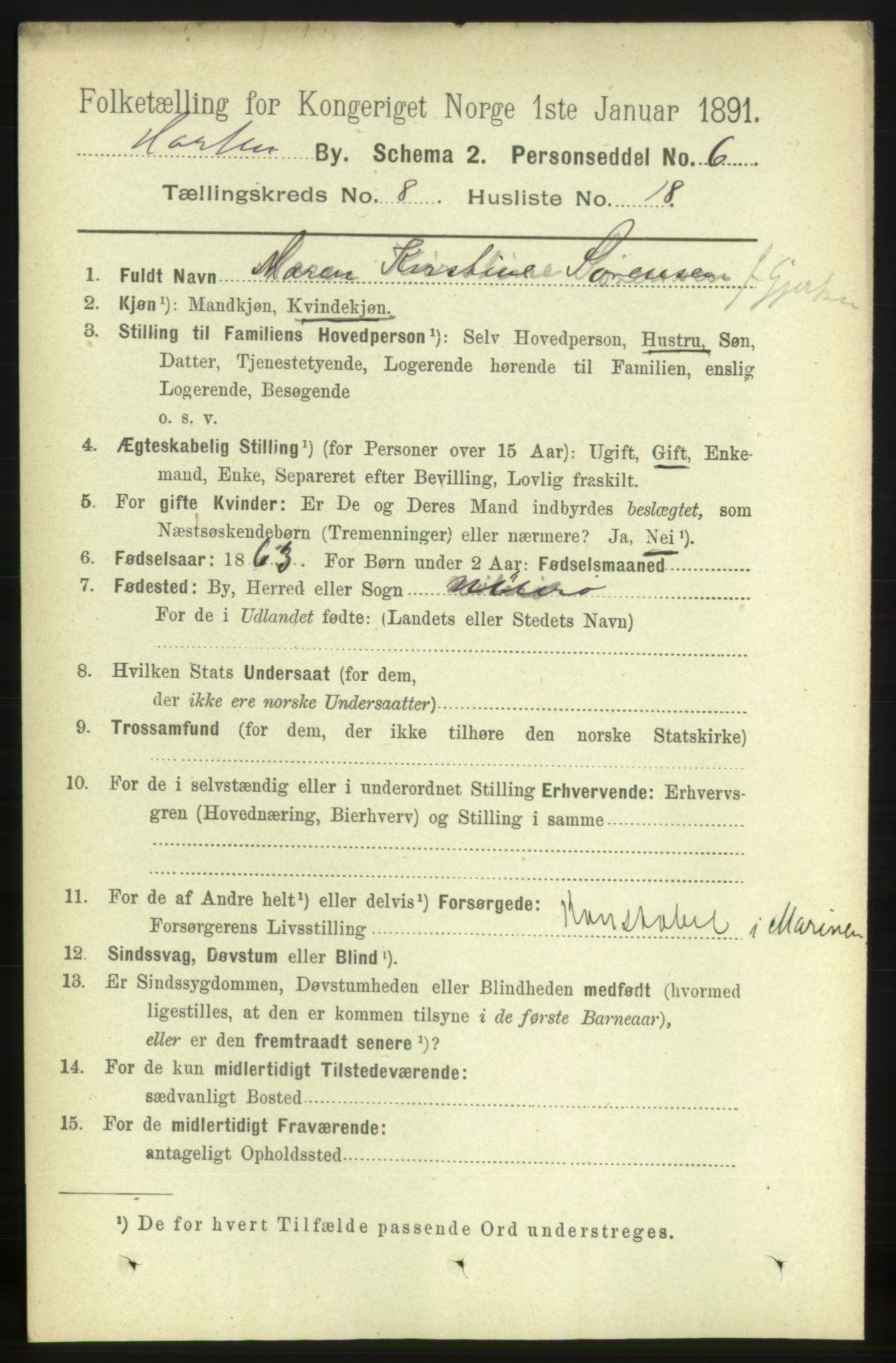 RA, 1891 census for 0703 Horten, 1891, p. 5104