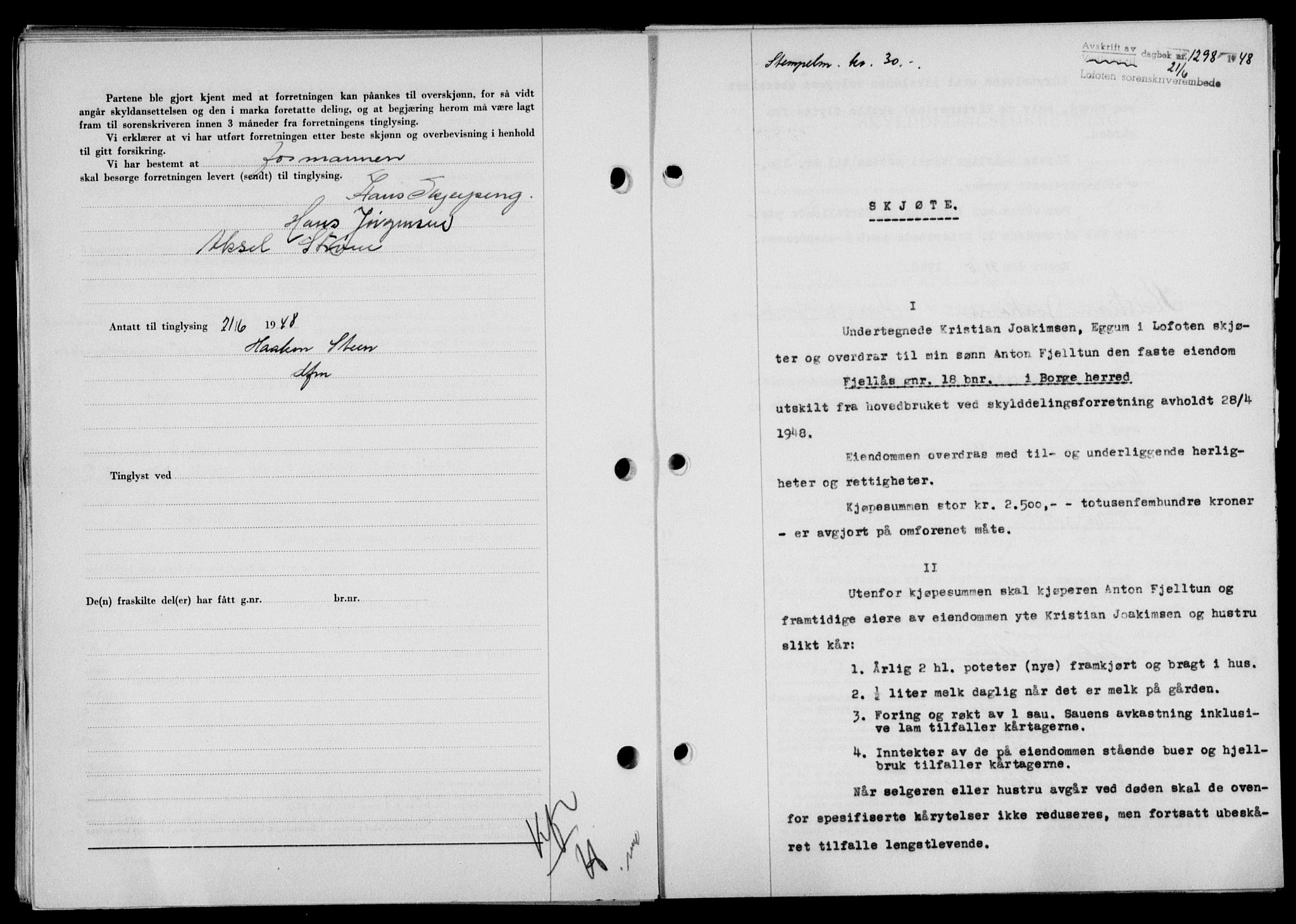 Lofoten sorenskriveri, SAT/A-0017/1/2/2C/L0018a: Mortgage book no. 18a, 1948-1948, Diary no: : 1298/1948