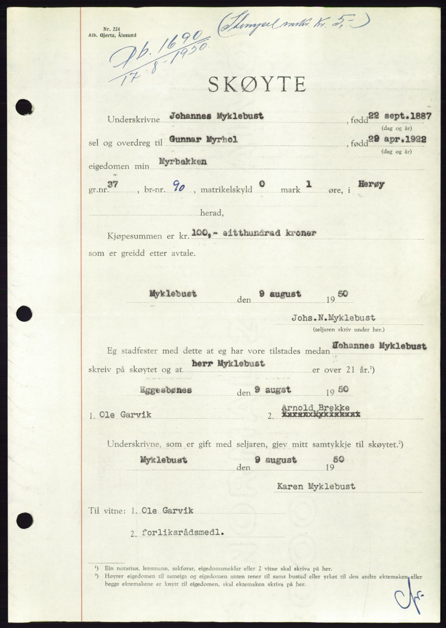 Søre Sunnmøre sorenskriveri, AV/SAT-A-4122/1/2/2C/L0087: Mortgage book no. 13A, 1950-1950, Diary no: : 1690/1950