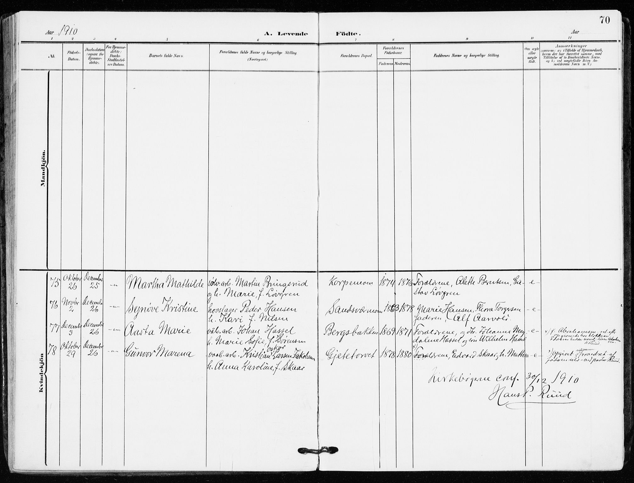 Kongsberg kirkebøker, AV/SAKO-A-22/F/Fb/L0004: Parish register (official) no. II 4, 1906-1918, p. 70