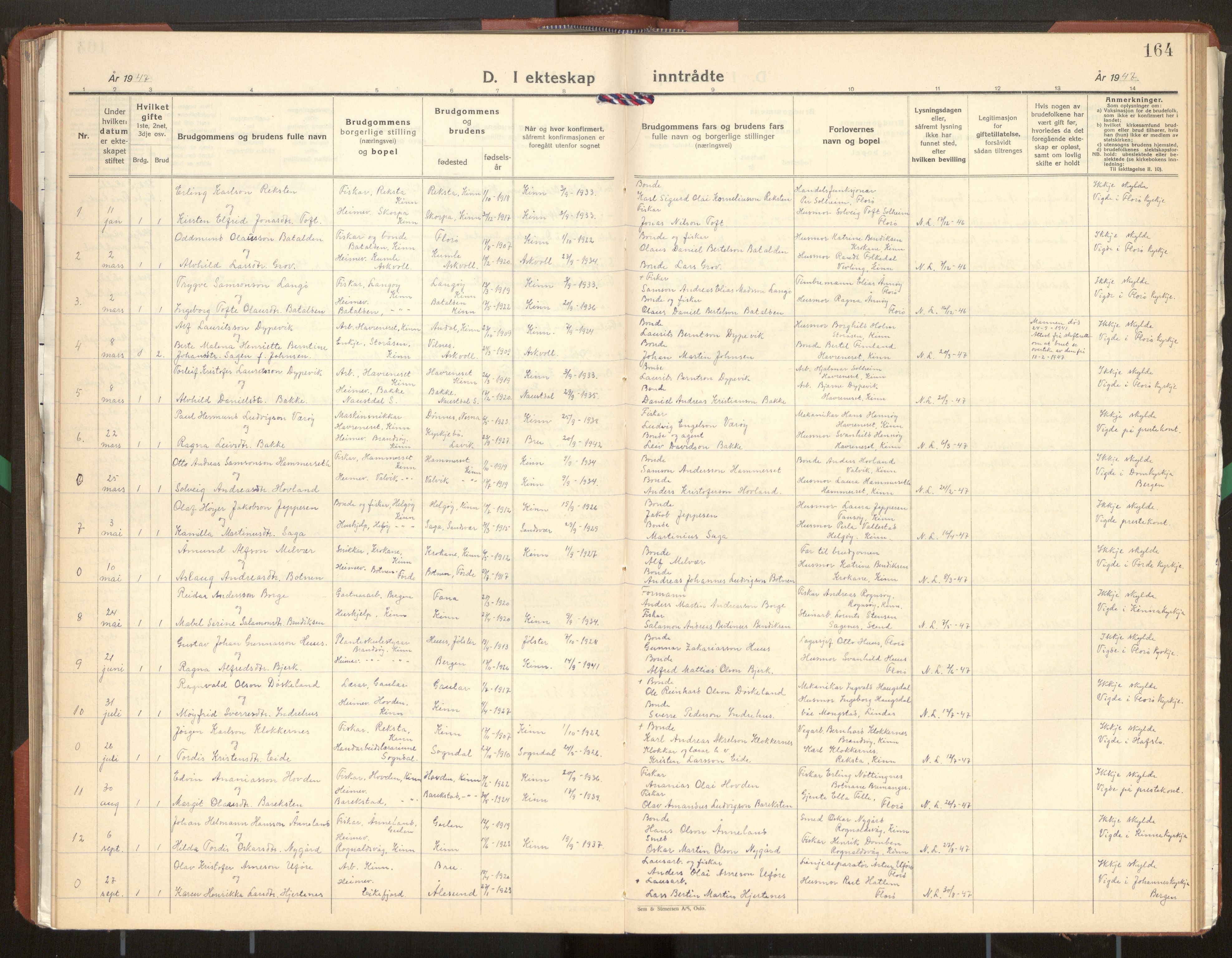 Kinn sokneprestembete, SAB/A-80801/H/Hab/Haba/L0003: Parish register (copy) no. A 3, 1939-1960, p. 164