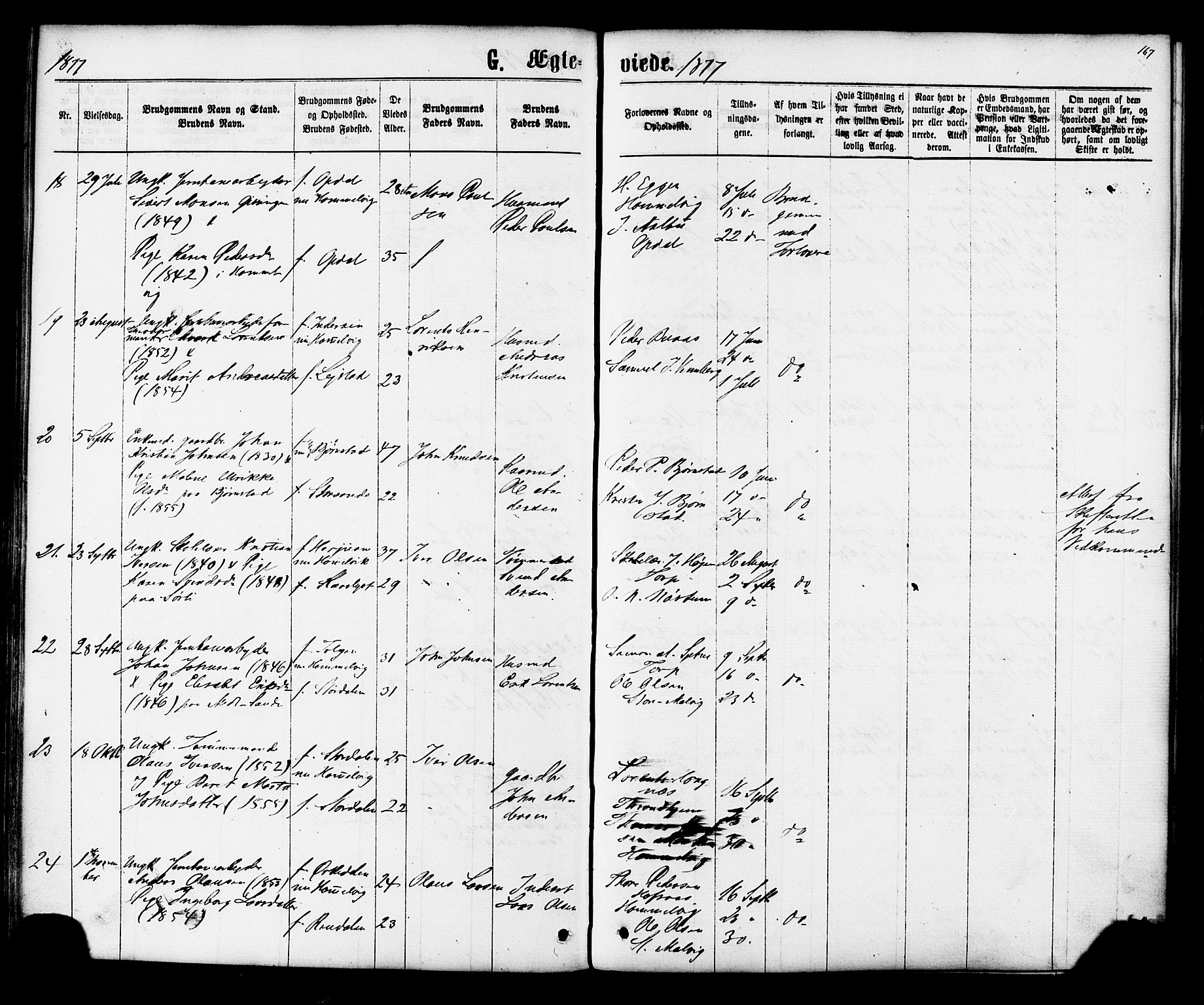 Ministerialprotokoller, klokkerbøker og fødselsregistre - Sør-Trøndelag, AV/SAT-A-1456/616/L0409: Parish register (official) no. 616A06, 1865-1877, p. 167