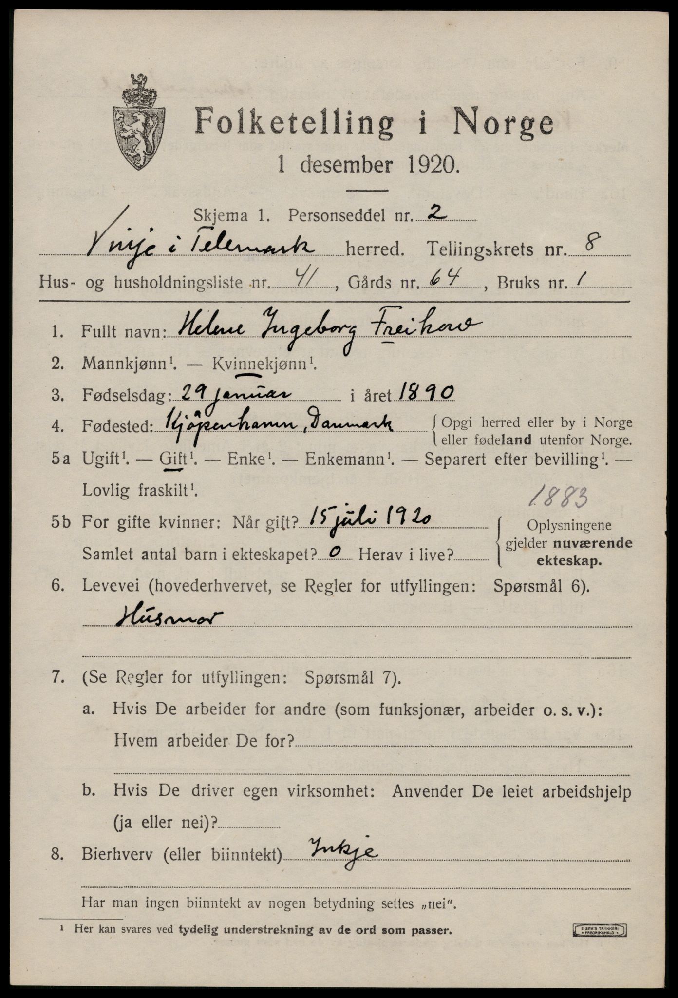 SAKO, 1920 census for Vinje, 1920, p. 2643