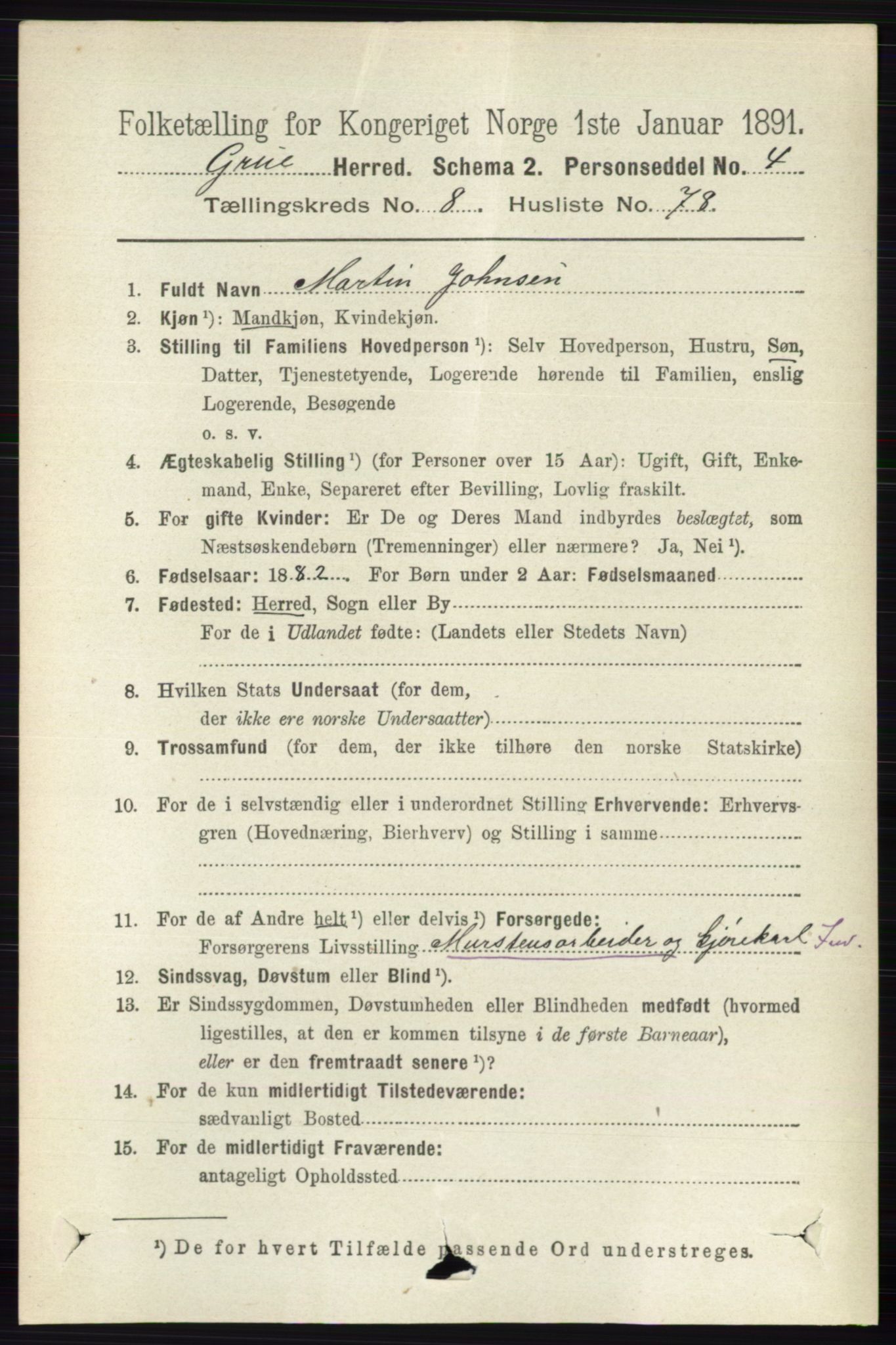 RA, 1891 census for 0423 Grue, 1891, p. 4800