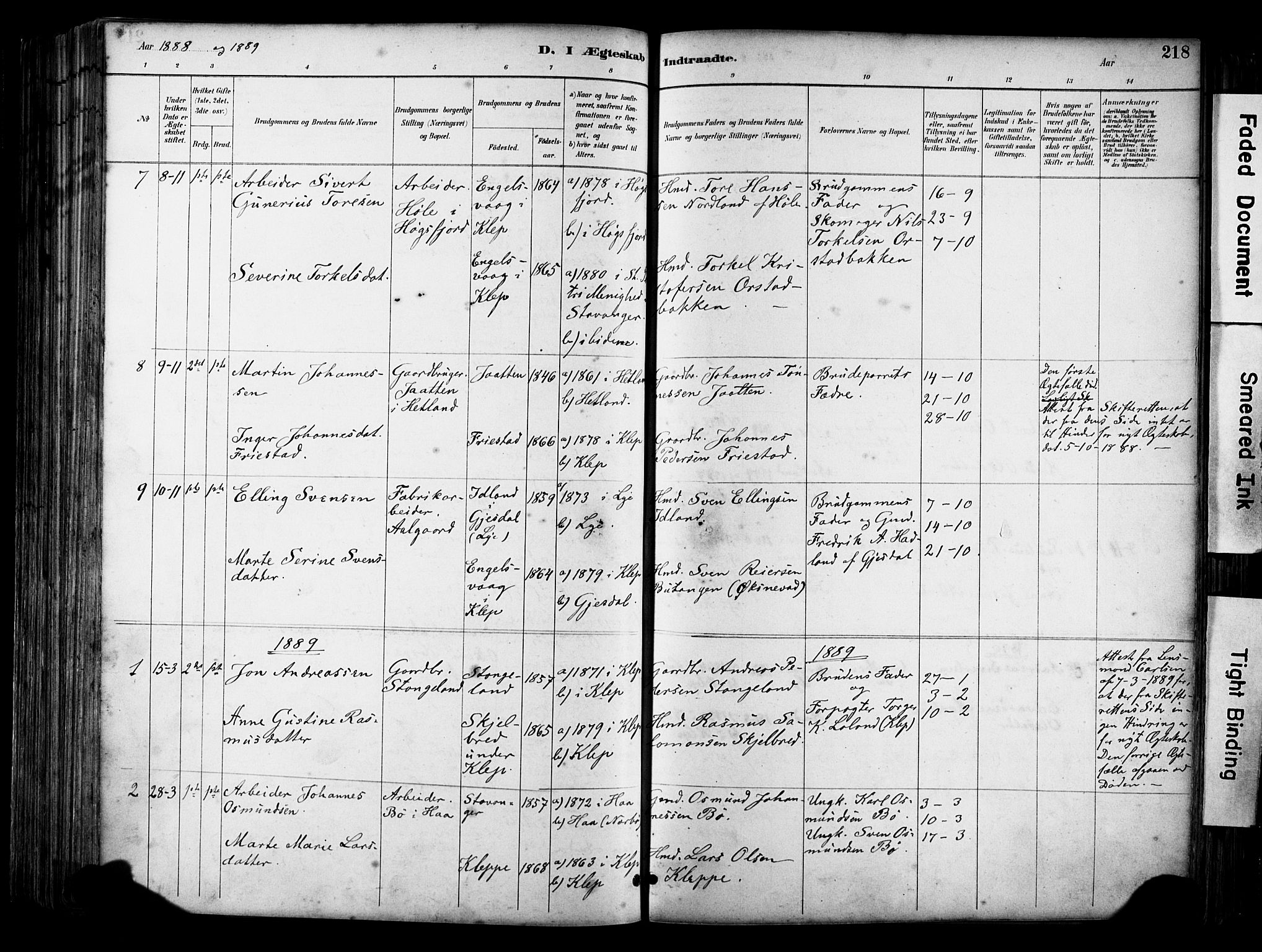 Klepp sokneprestkontor, SAST/A-101803/001/3/30BA/L0009: Parish register (official) no. A 7, 1886-1915, p. 218