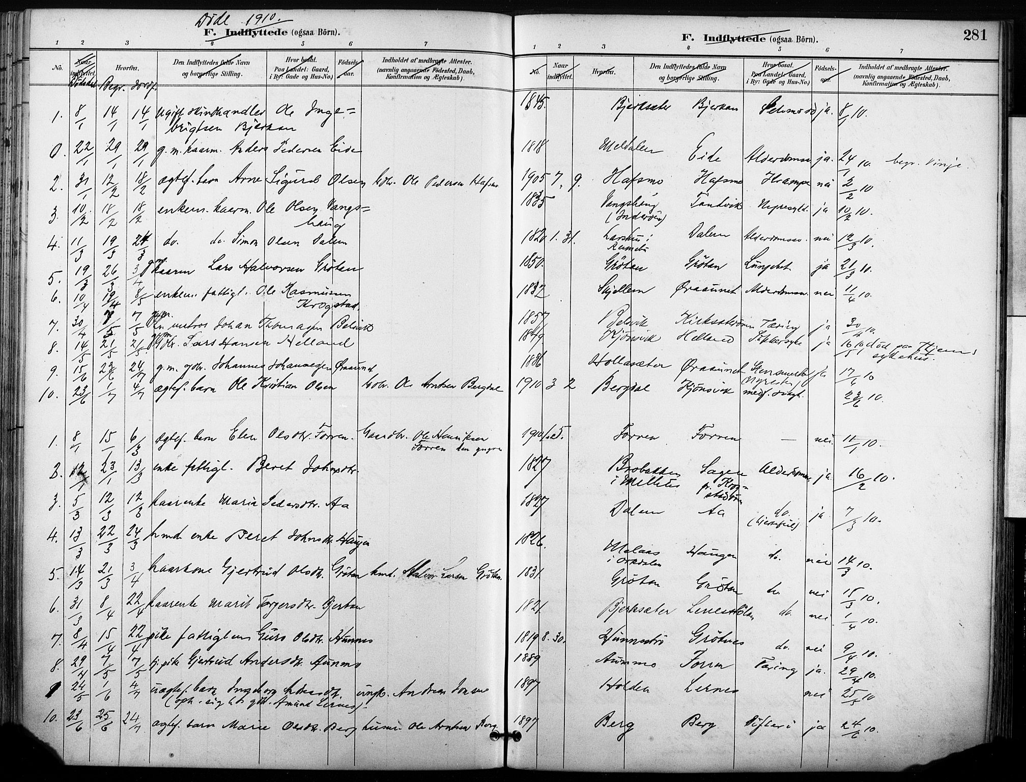 Ministerialprotokoller, klokkerbøker og fødselsregistre - Sør-Trøndelag, SAT/A-1456/630/L0497: Parish register (official) no. 630A10, 1896-1910, p. 281