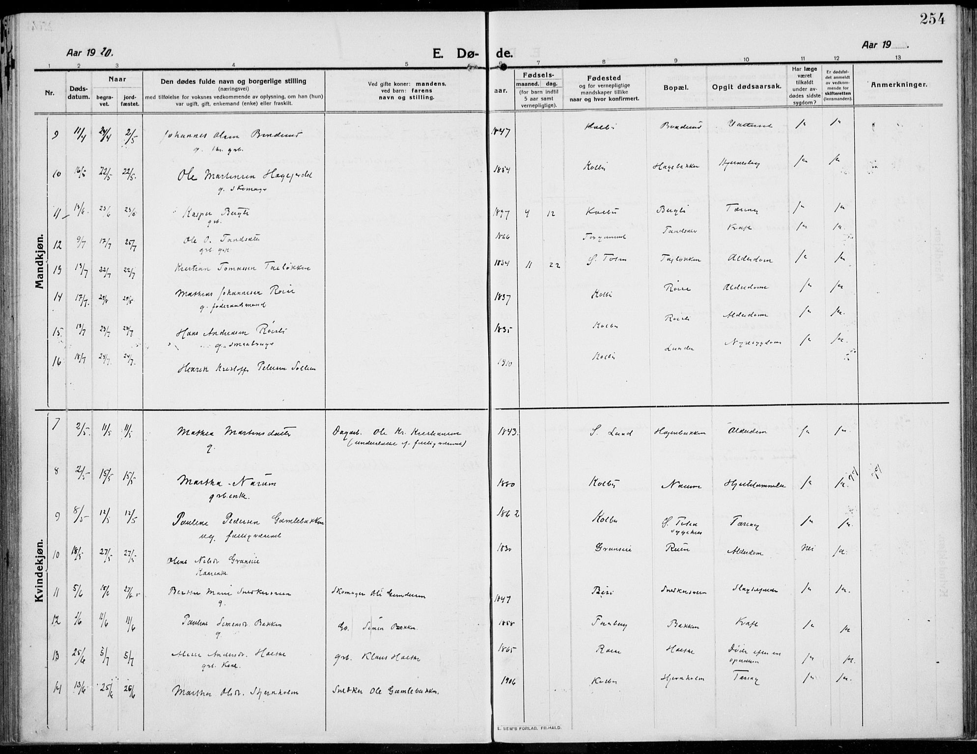 Kolbu prestekontor, SAH/PREST-110/H/Ha/Haa/L0002: Parish register (official) no. 2, 1912-1926, p. 254