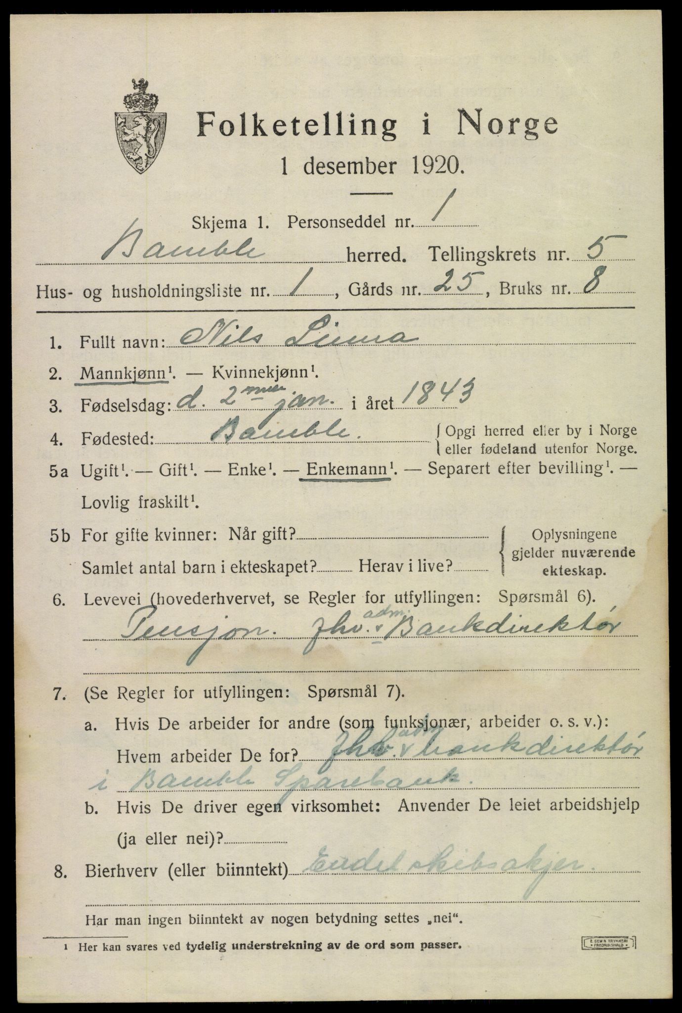 SAKO, 1920 census for Bamble, 1920, p. 4957