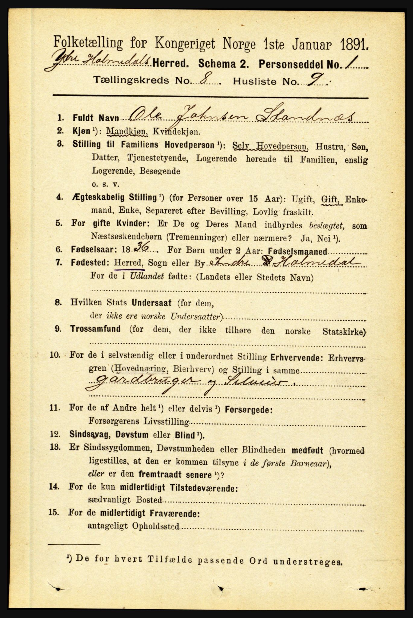 RA, 1891 census for 1429 Ytre Holmedal, 1891, p. 1819