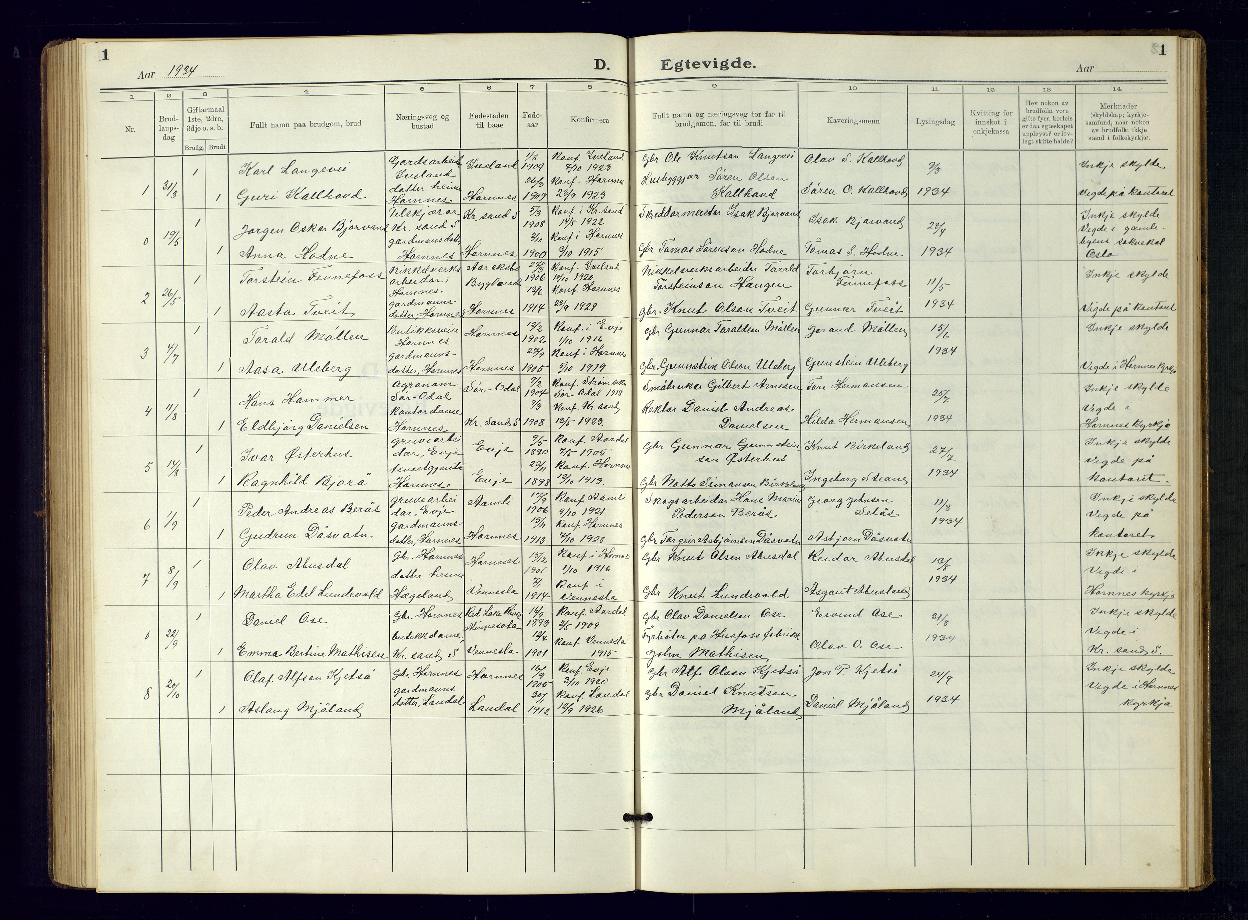 Evje sokneprestkontor, SAK/1111-0008/F/Fb/Fbb/L0004: Parish register (copy) no. B-4, 1934-1970, p. 1