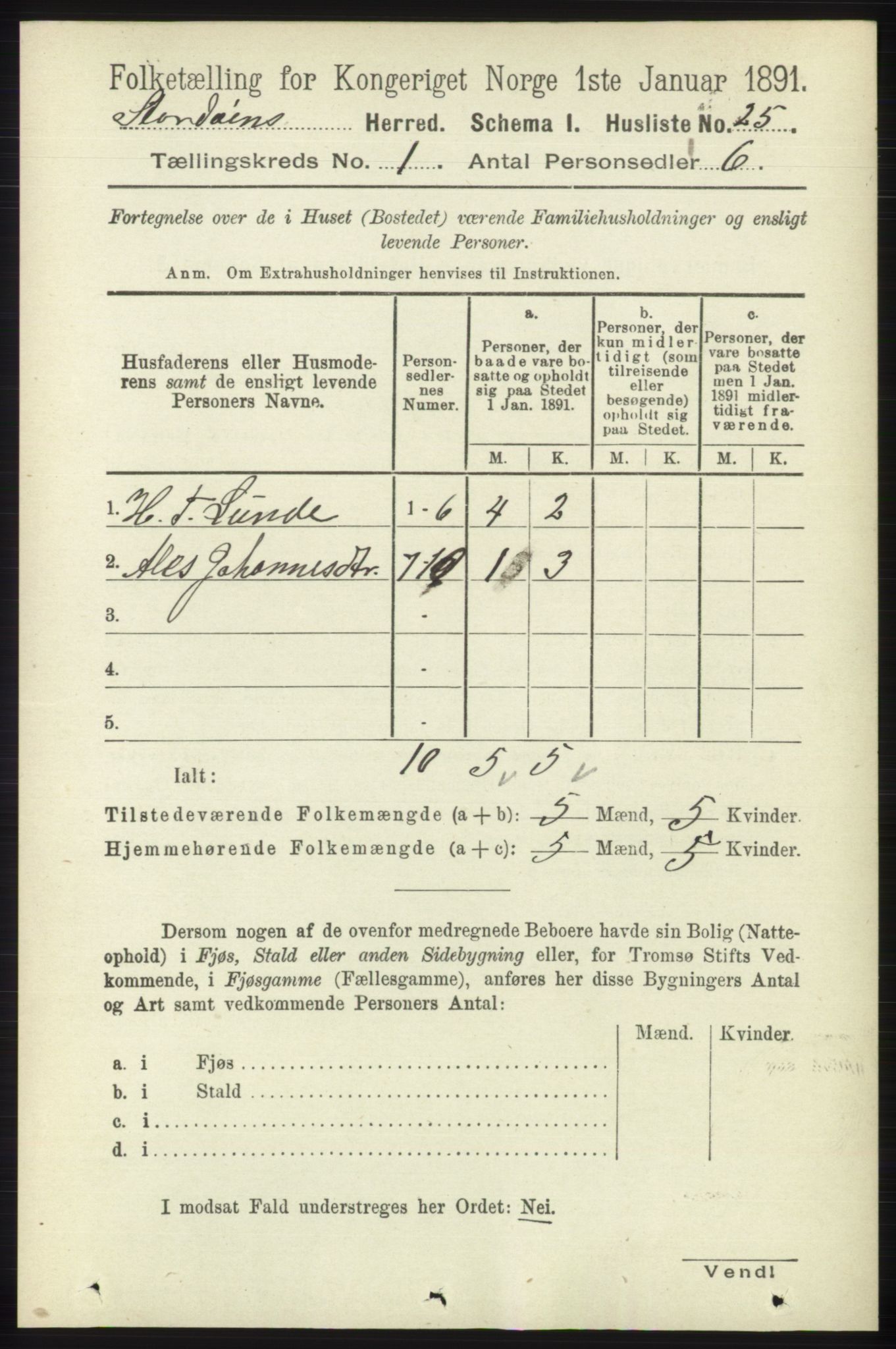 RA, 1891 census for 1221 Stord, 1891, p. 43